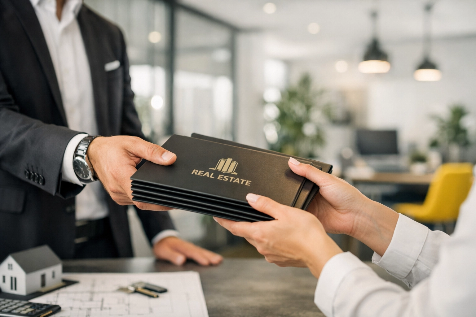 Real estate team members exchanging branded presentation folders in a professional office setting.