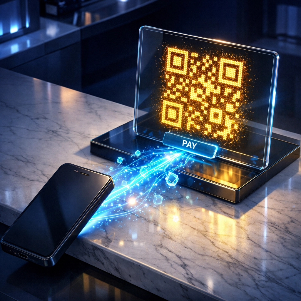 Smartphone scanning a digital QR code for instant Web3 global payments and crypto POS checkout.