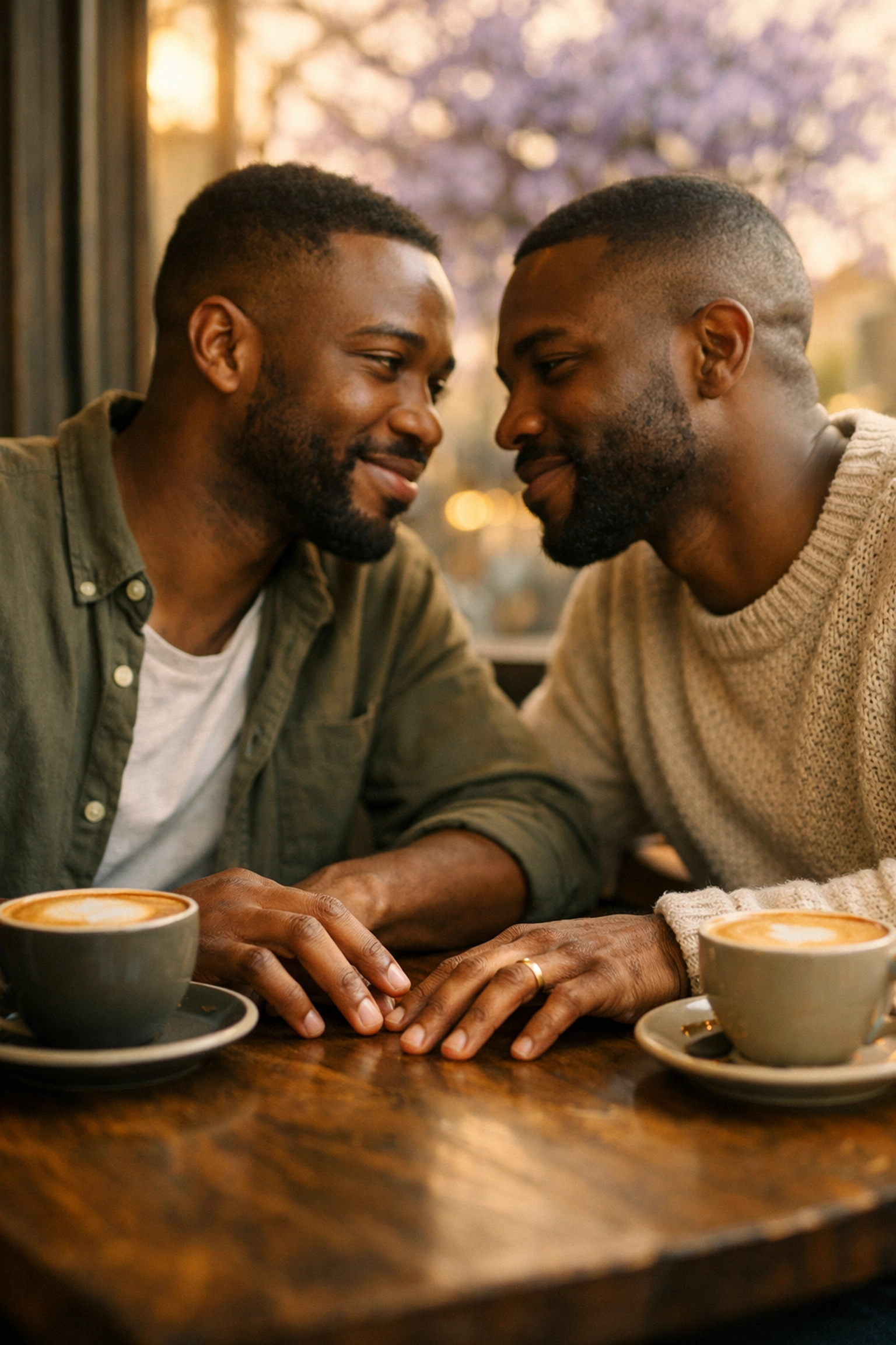 Two Black men on romantic coffee date in Johannesburg café, MM romance beginning under jacaranda blooms