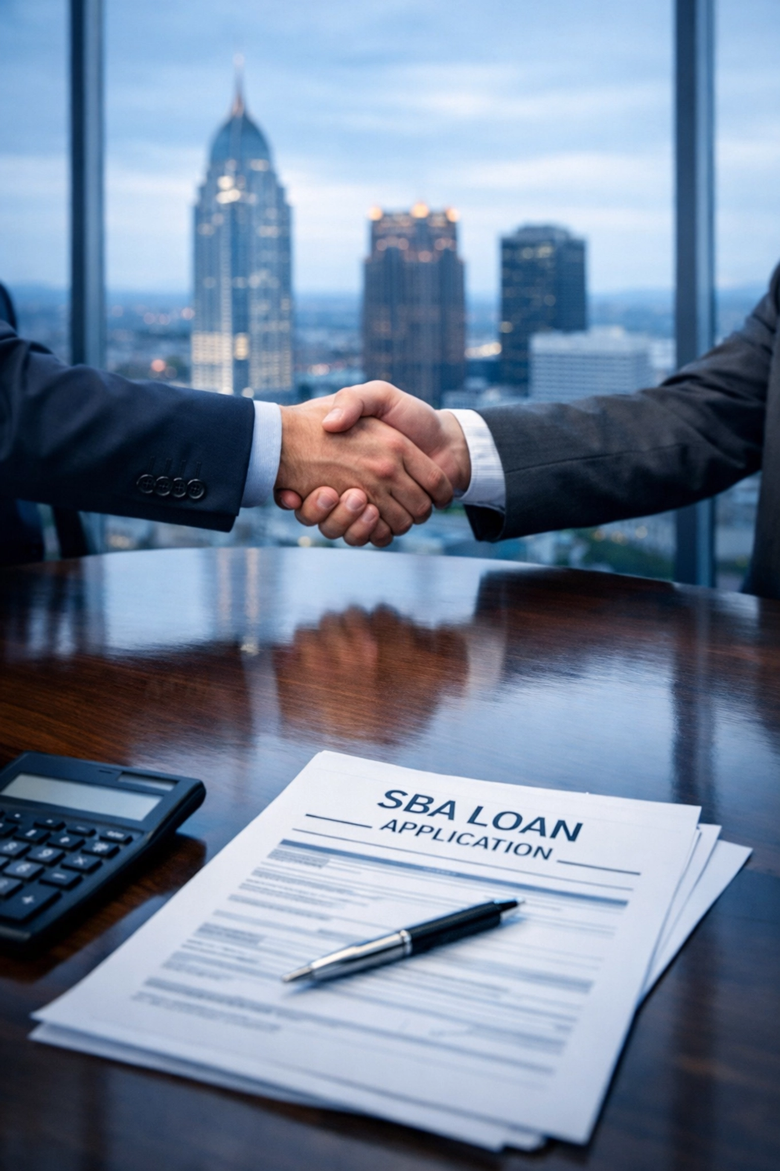 Business handshake over SBA loan documents for Alabama business sale transaction