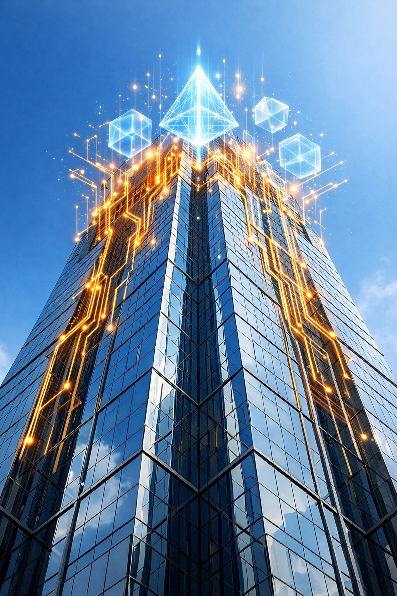 Futuristic skyscraper with digital circuitry illustrating scalable business infrastructure and growth.