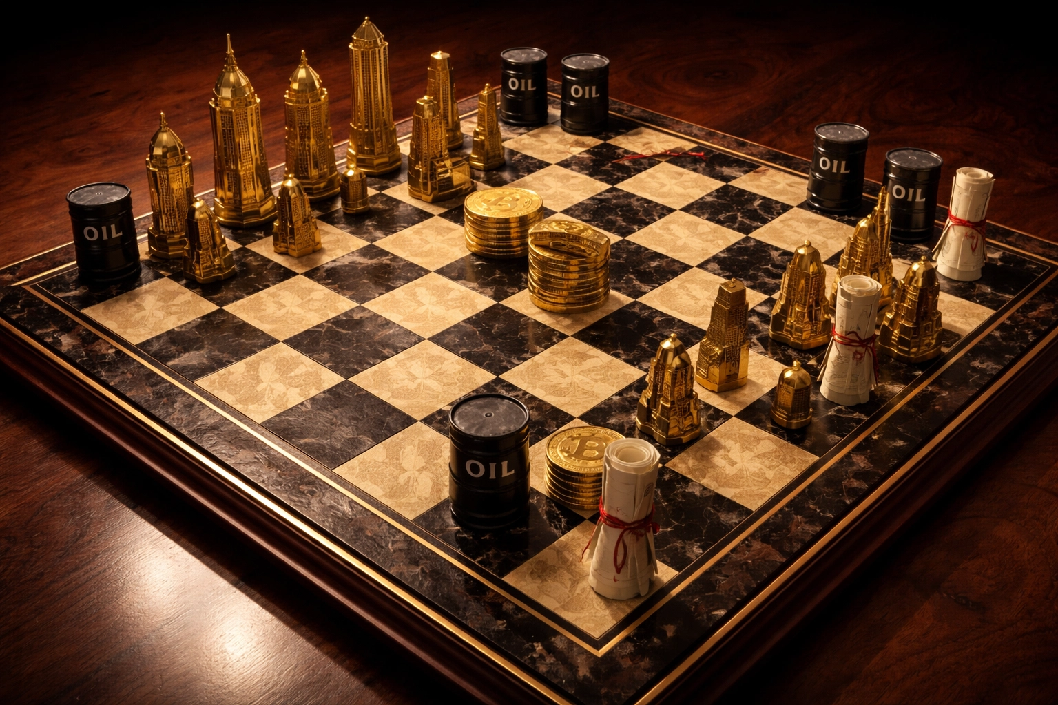 Chess board with skyscrapers, oil barrels, crypto coins, and stock certificates, symbolizing strategic hedge fund diversification