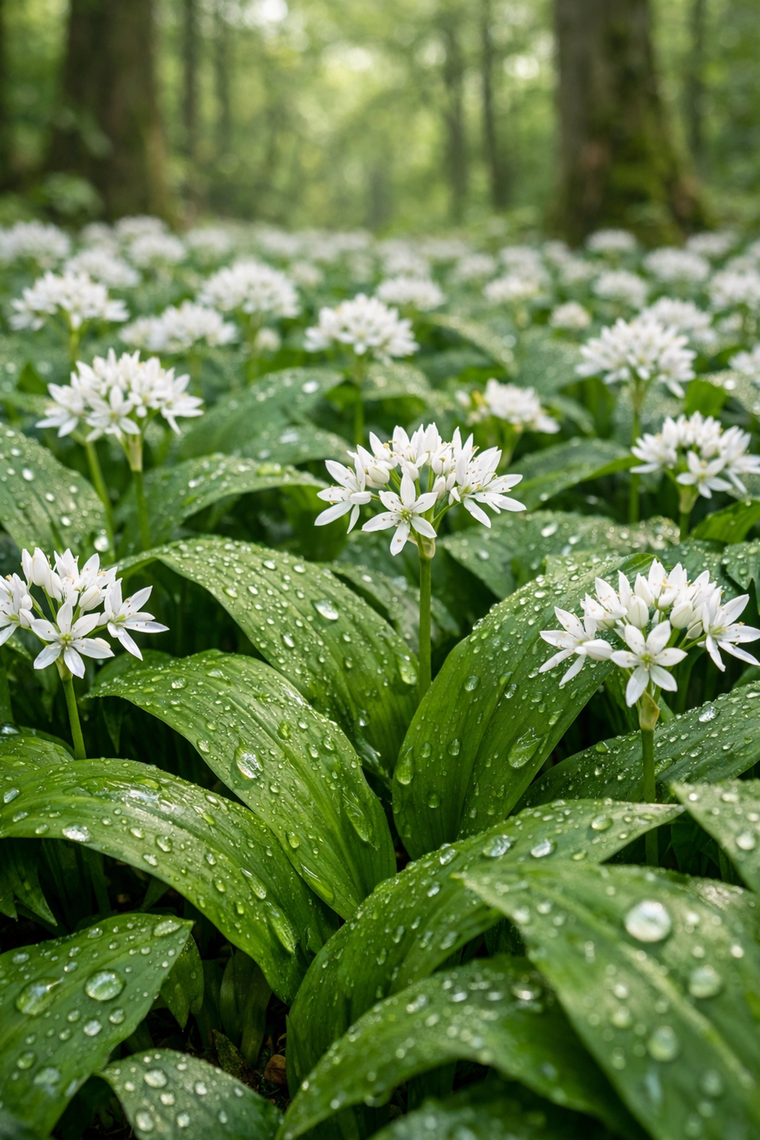 Close-up of wild garlic blooming on a forest floor for a wild camping guided UK survival trip.