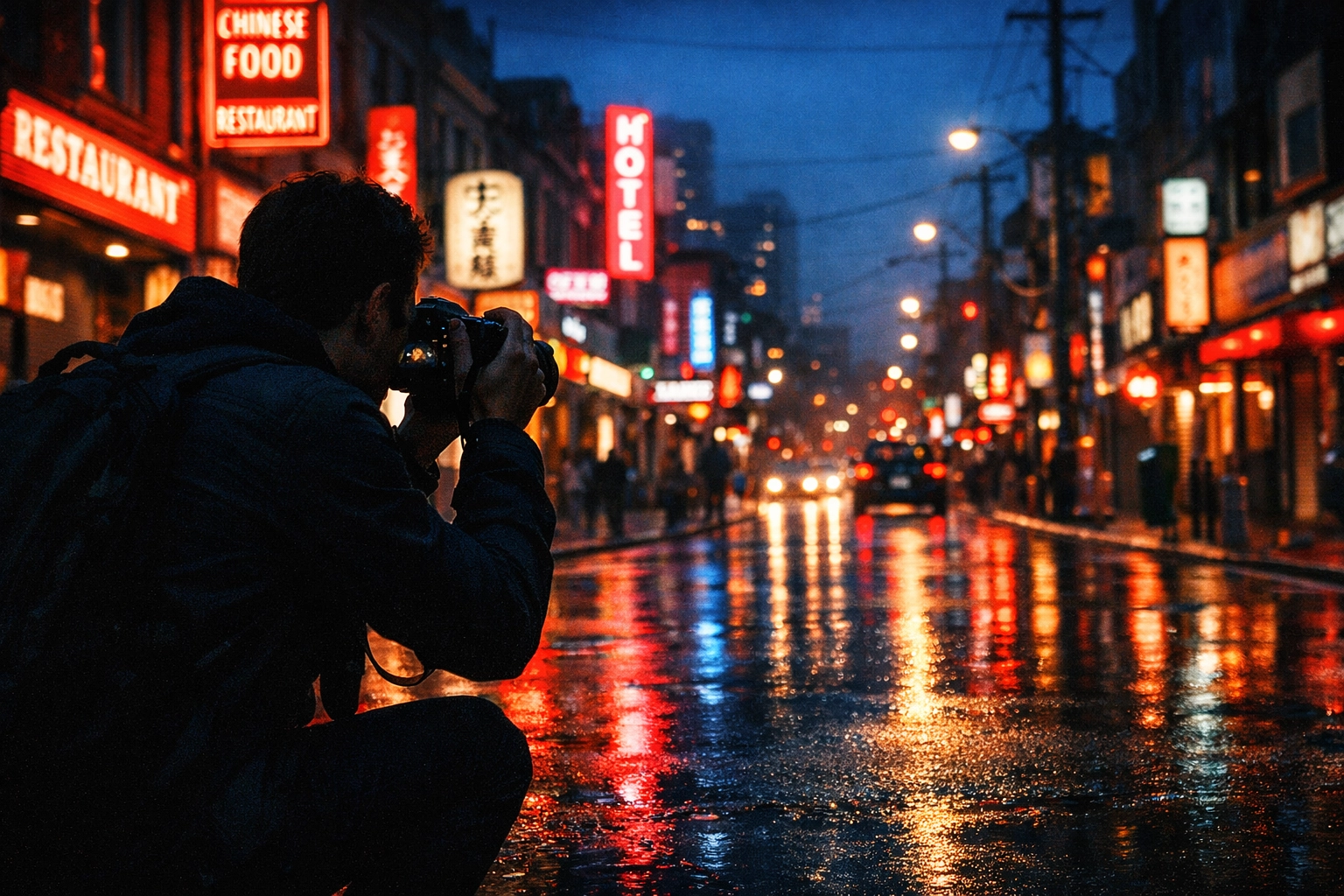 A photographer using manual mode to capture a blue hour city street with high ISO.