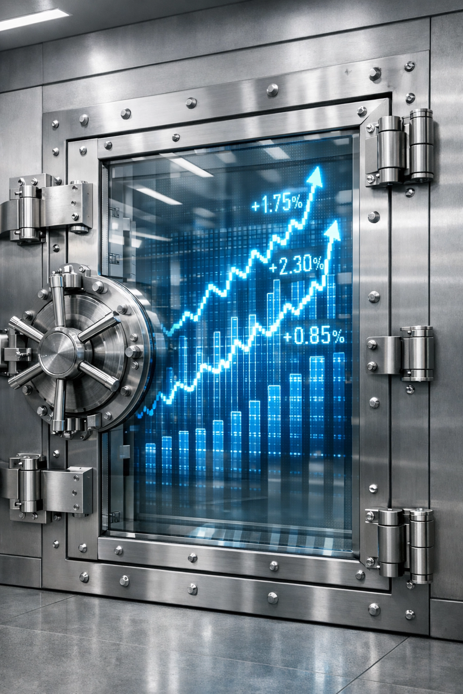 High-tech vault with rising stock tickers symbolizing a 0% floor and protected wealth capacity for families.