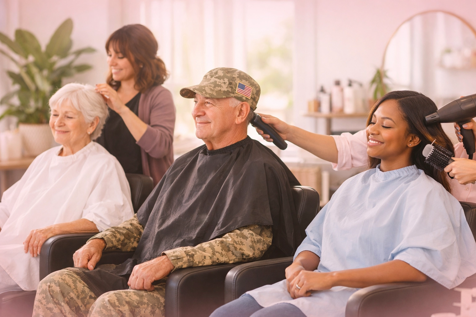 Veterans, seniors, and women receiving compassionate salon therapy services