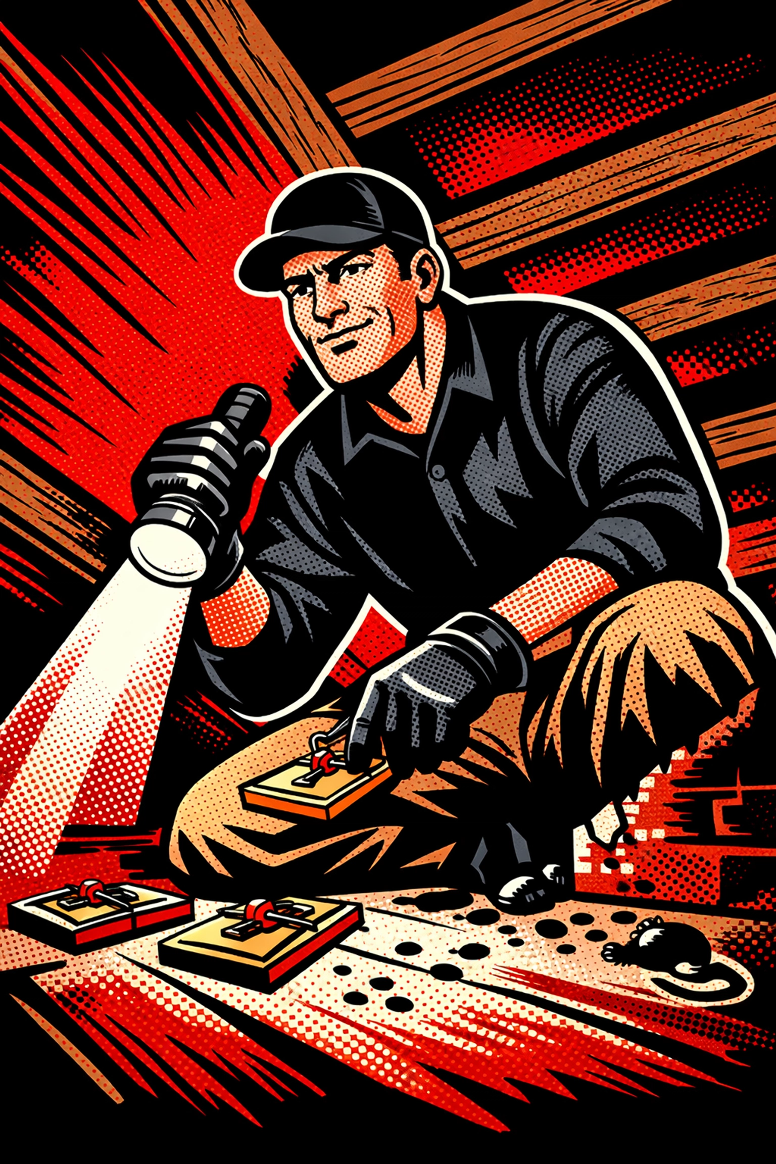 Pest control technician setting rodent traps in attic during inspection in Jasper AL