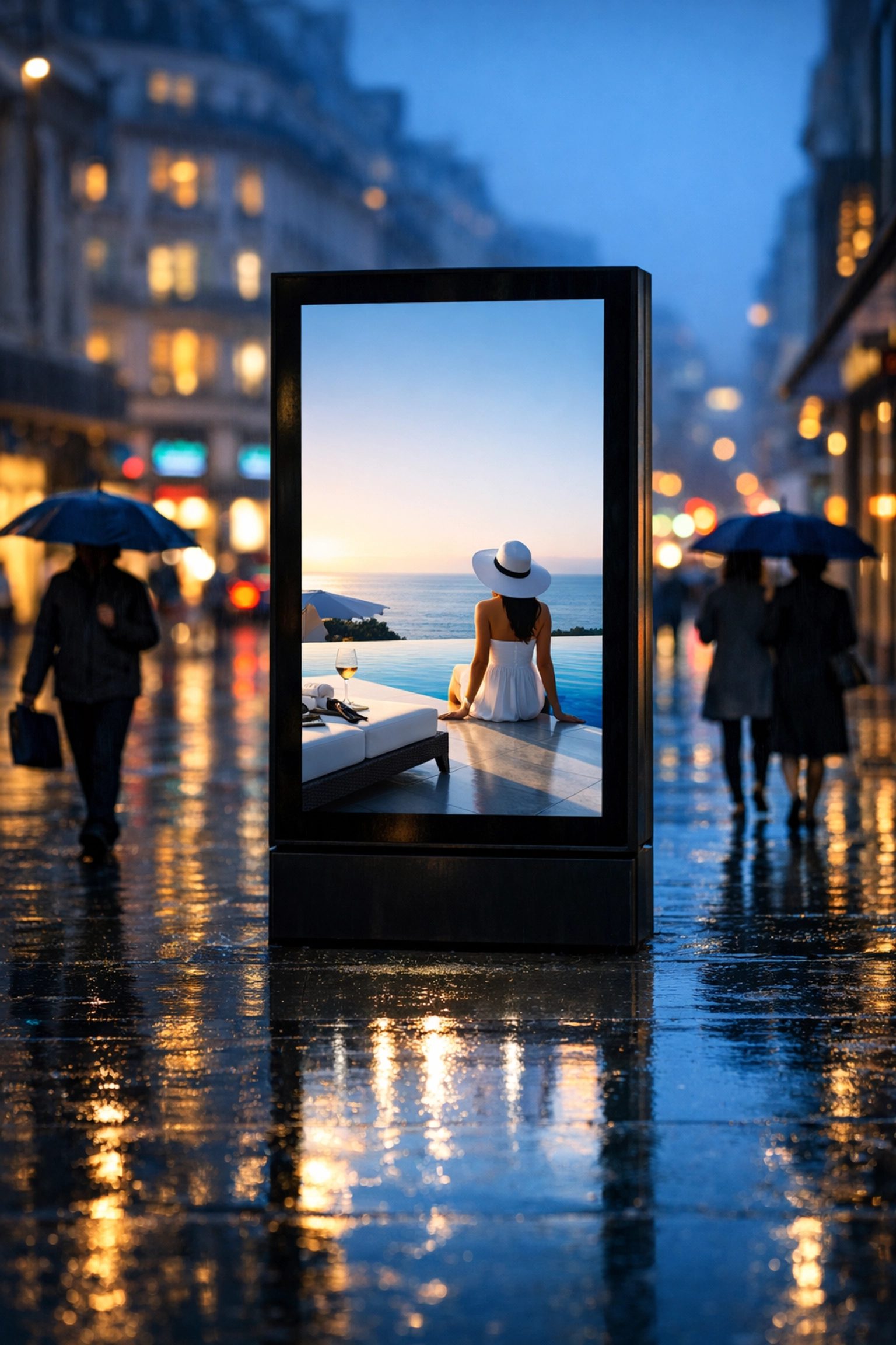 Vertical DOOH screen on a rain-slicked city sidewalk showing flexible weather-triggered advertising.