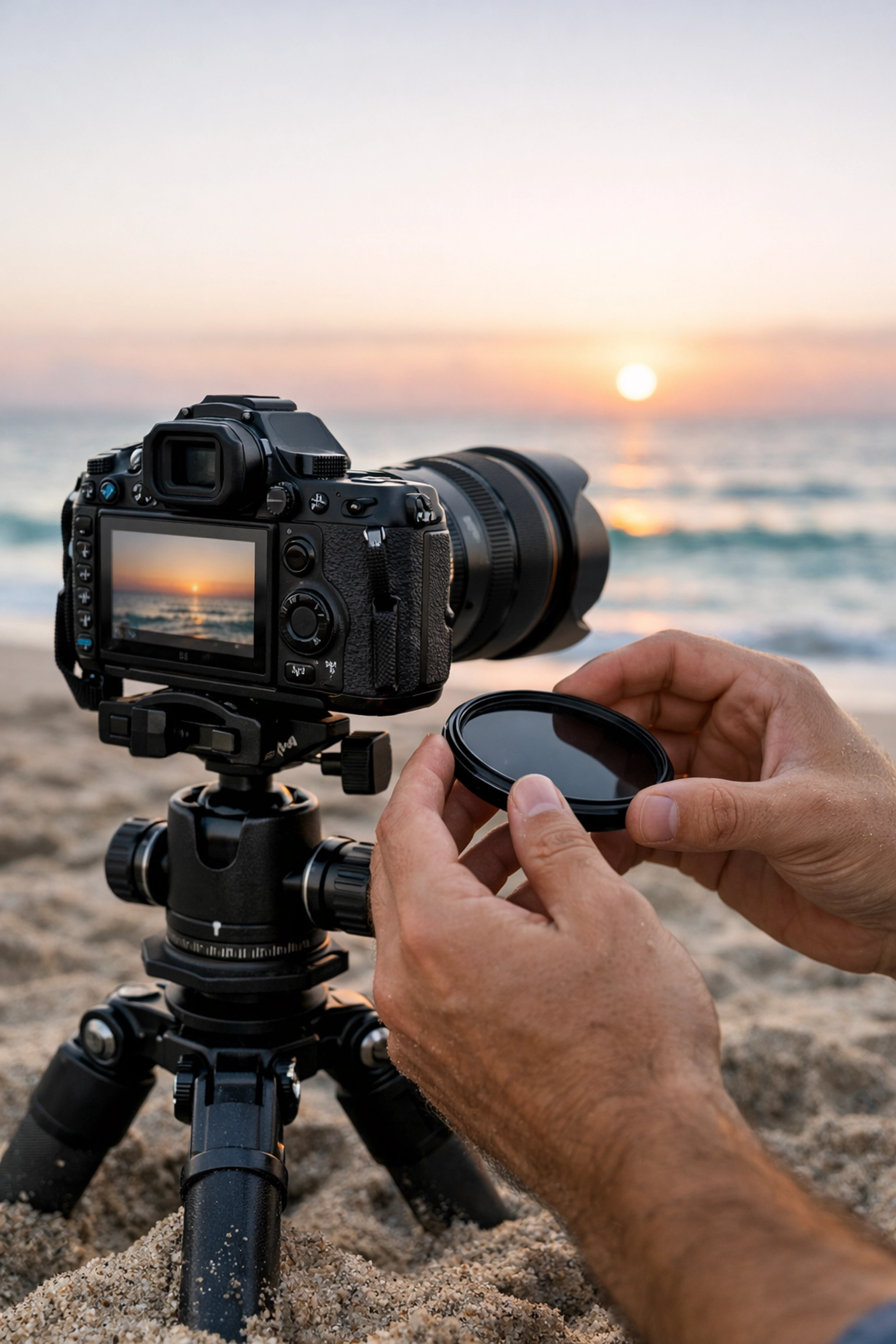 Professional camera on a tripod set up for sunrise photography on the sands of Miami Beach.
