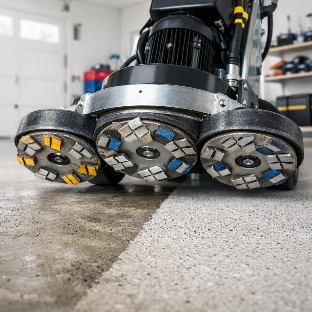A professional concrete grinding machine prepping a garage floor for a long-lasting polyaspartic finish.