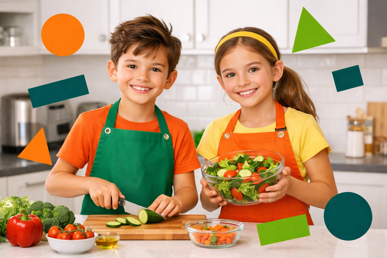Kids learning cooking skills and meal preparation in modern kitchen
