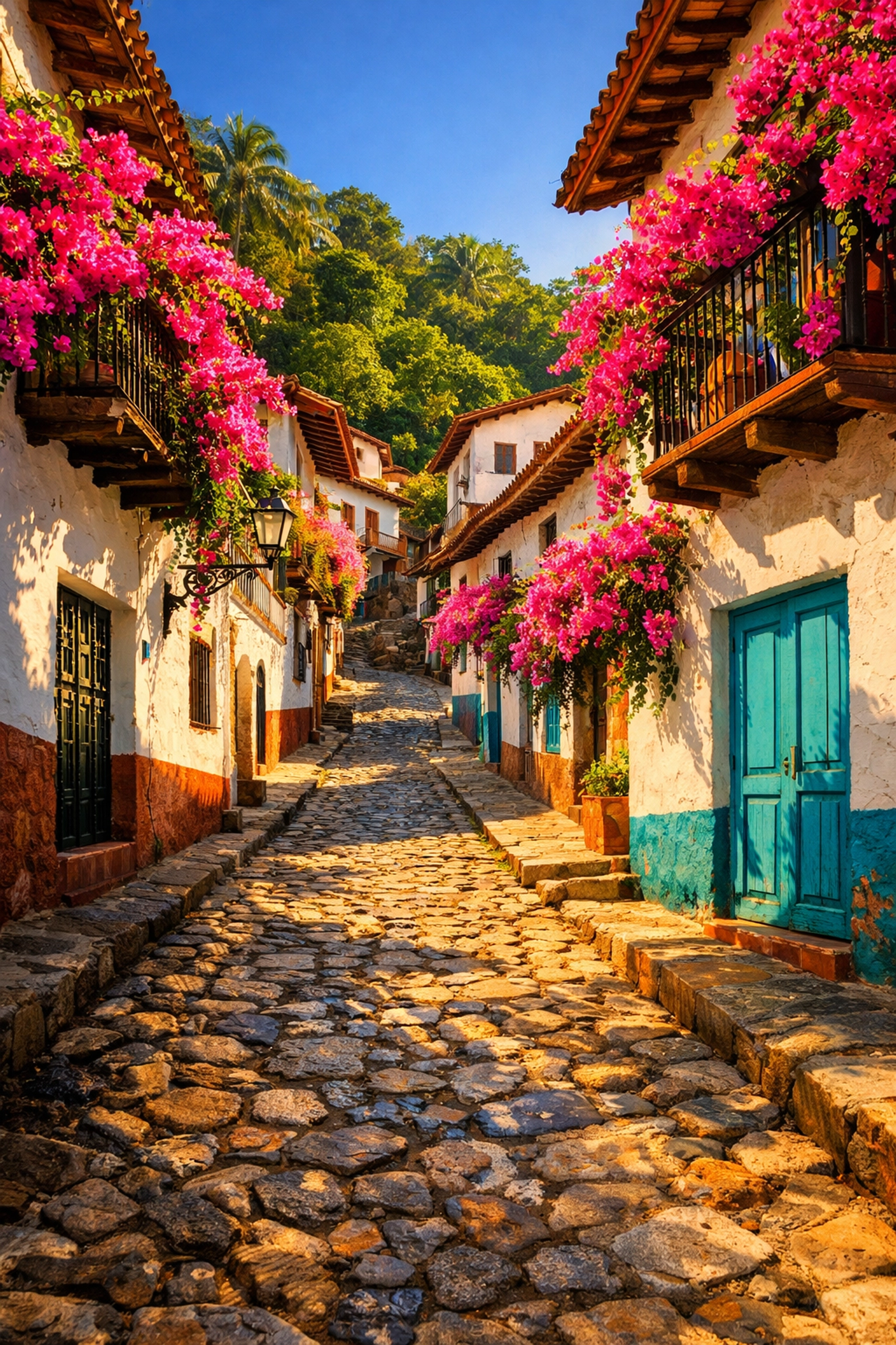 Authentic cobblestone street in Old Town Puerto Vallarta with colorful colonial buildings and bougainvillea.