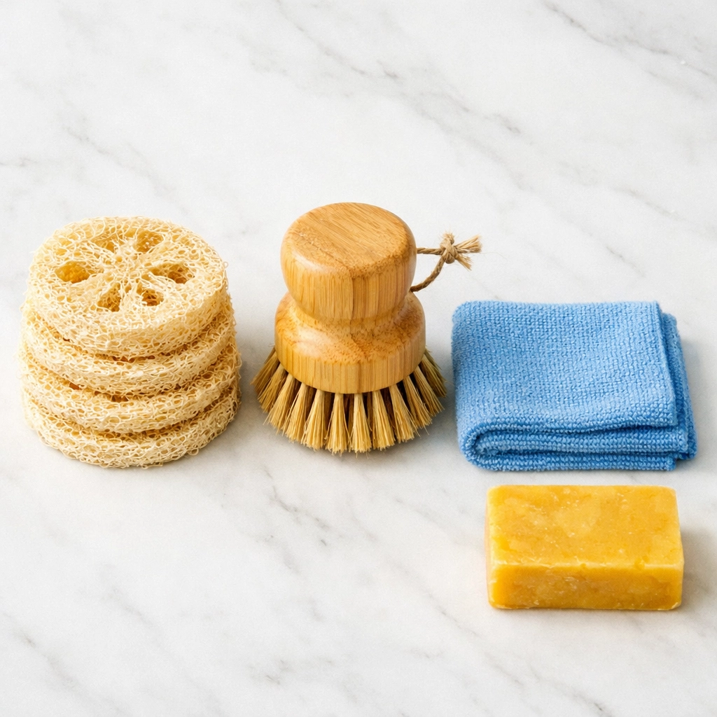 Eco-friendly cleaning kit with loofah sponges, bamboo brush, and microfiber cloth on a marble surface.