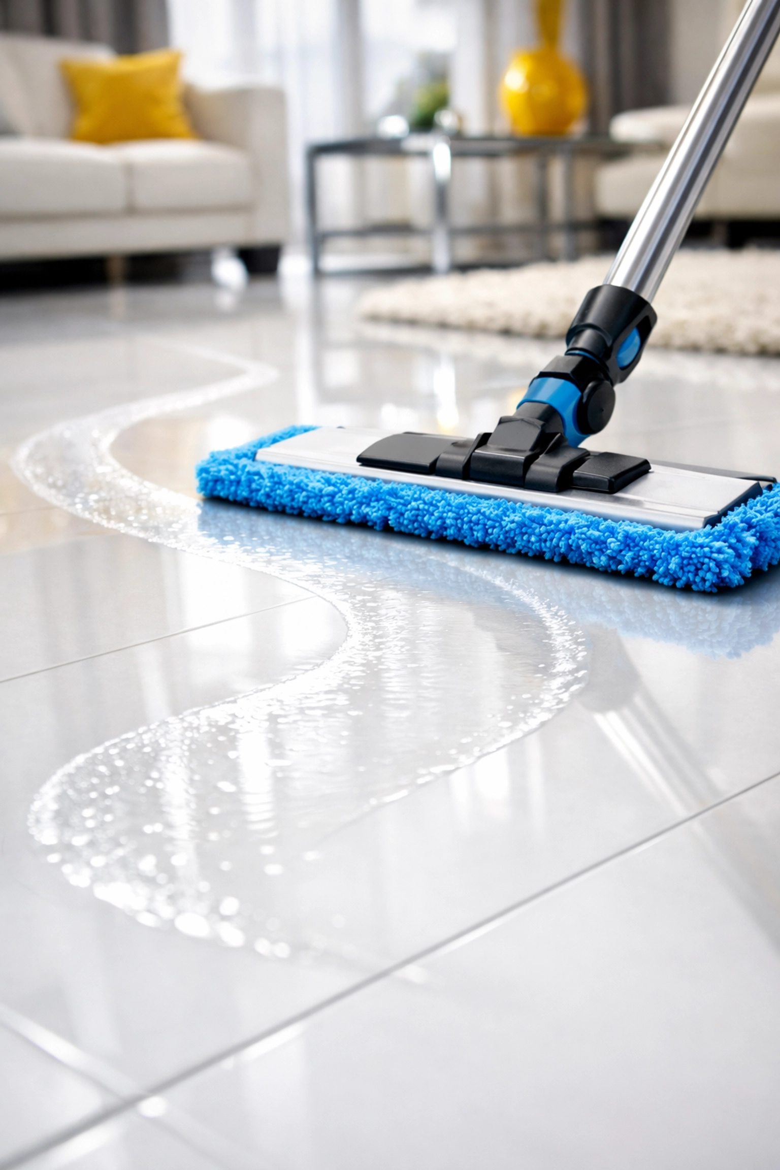 Professional mopping technique with a microfiber mop on a shiny tile floor.