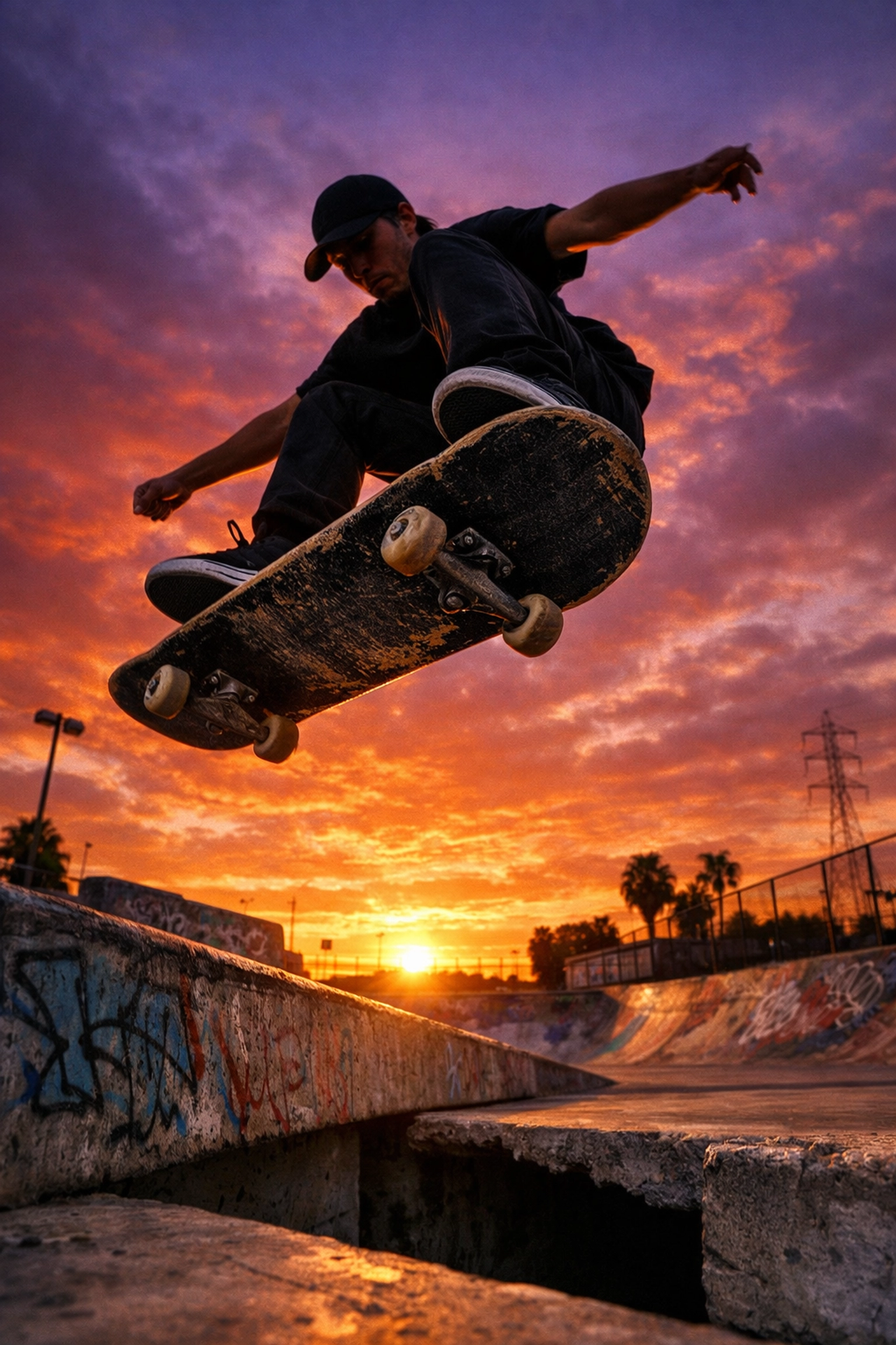 Skateboarder silhouetted against a sunset sky at an urban skate park, demonstrating creative street photography ideas.