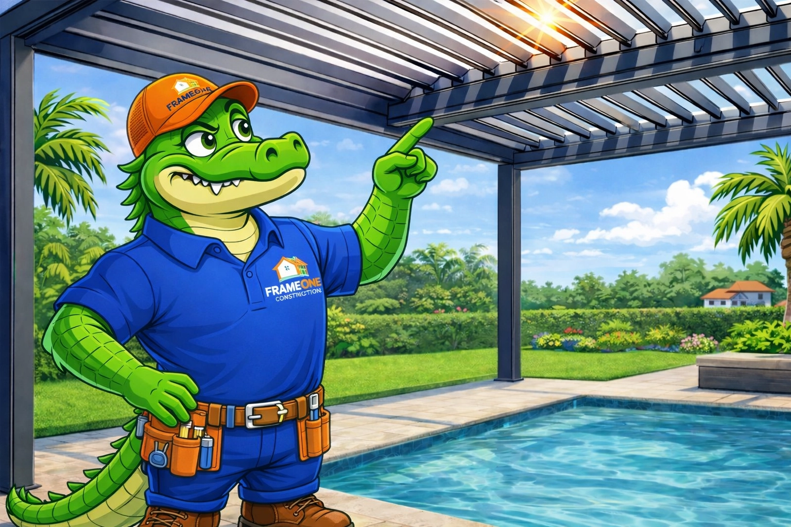 Al E. Gator pointing to engineered motorized louvered pergola slats in an Apollo Beach backyard.