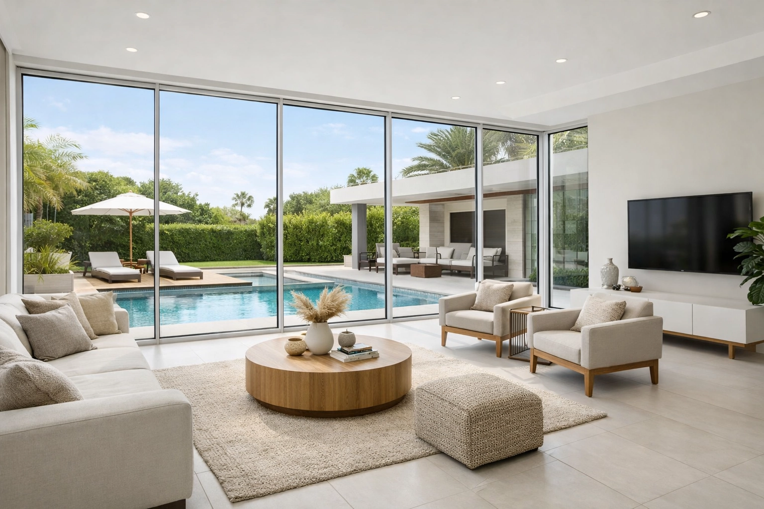 Energy-efficient home remodeling Orlando featuring floor-to-ceiling glass windows and modern interior design.