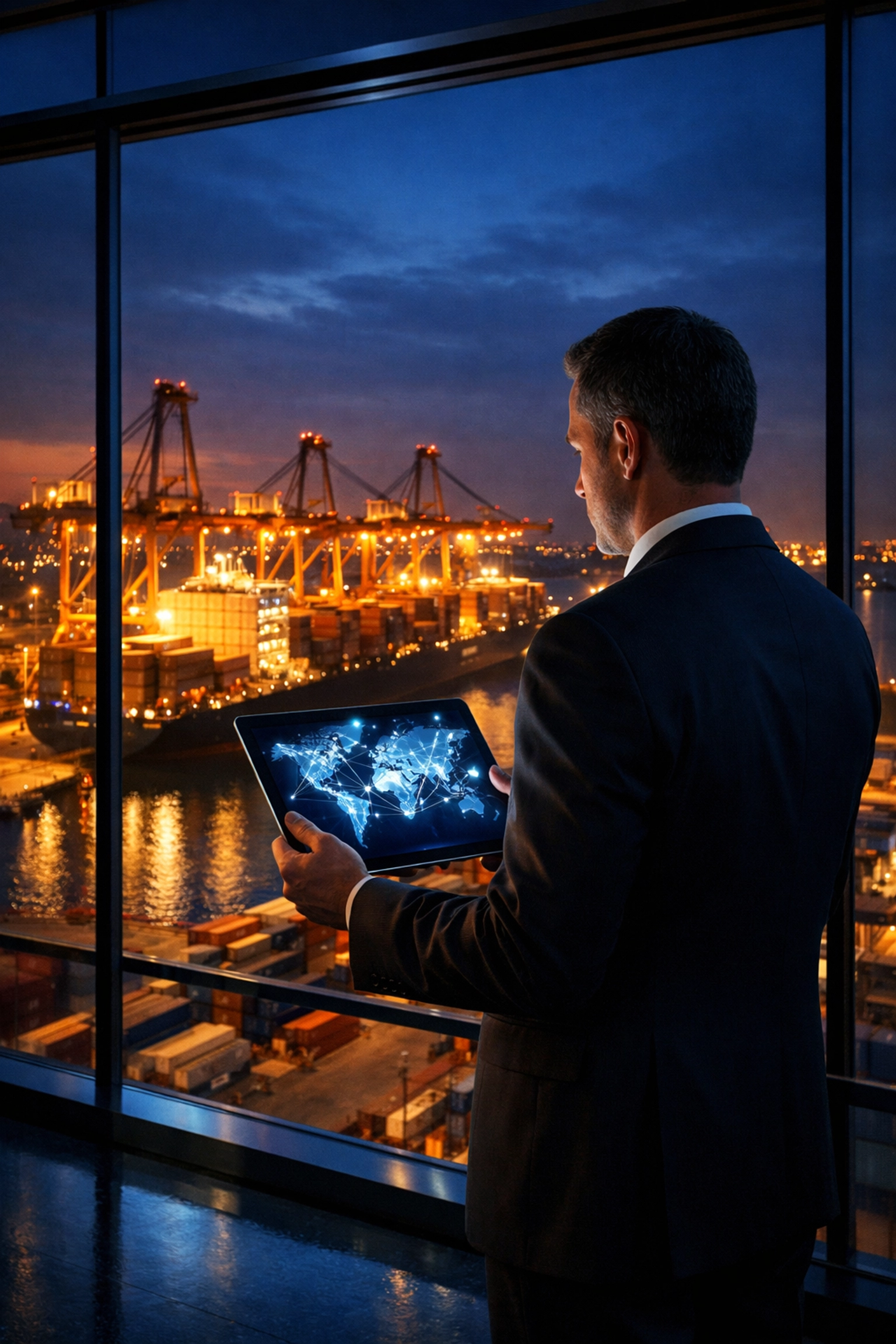 A logistics executive managing global supply chain integration with a digital 4PL tracking tablet.