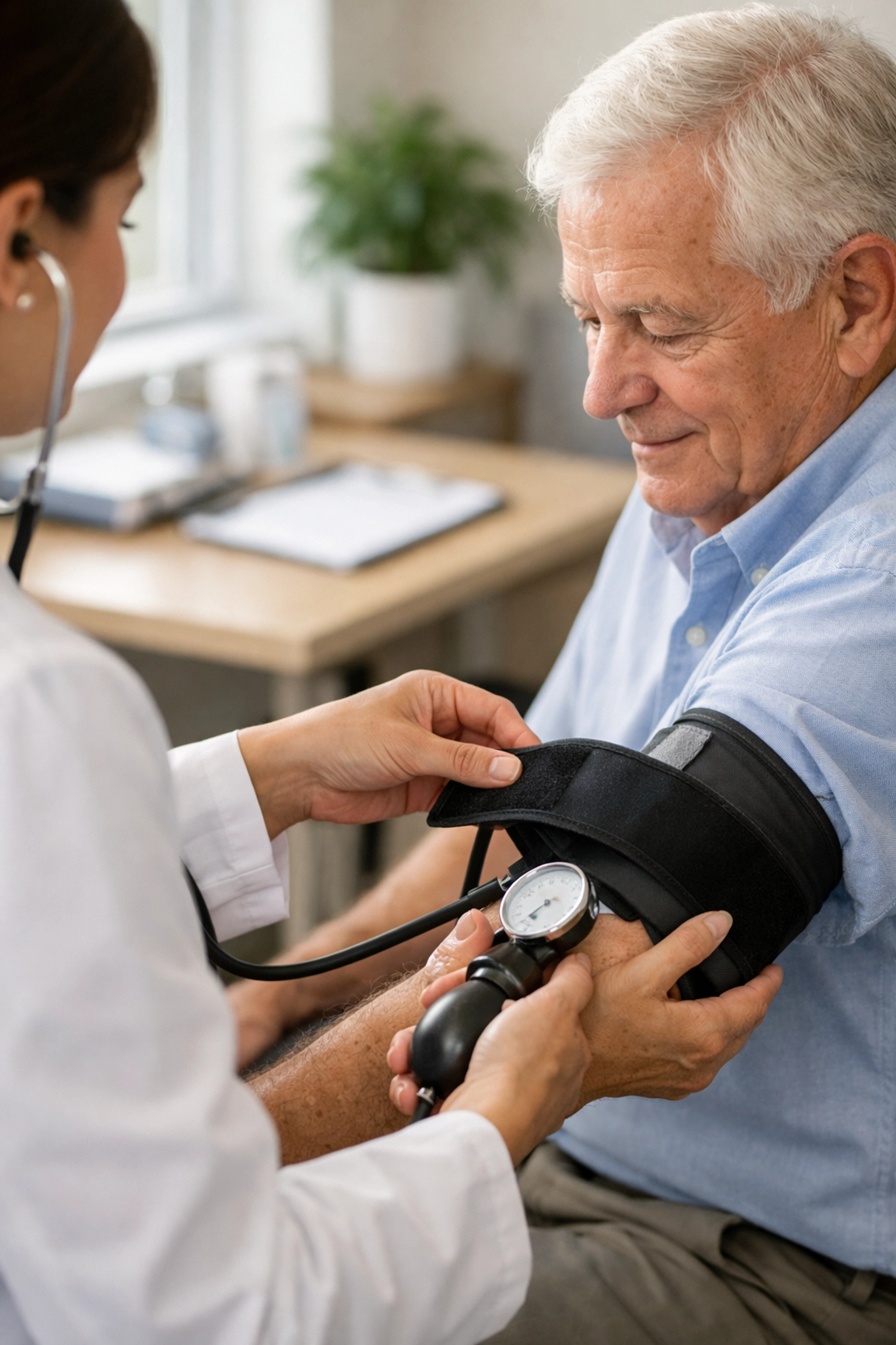 Healthcare provider checking senior patient's blood pressure during routine medication monitoring appointment