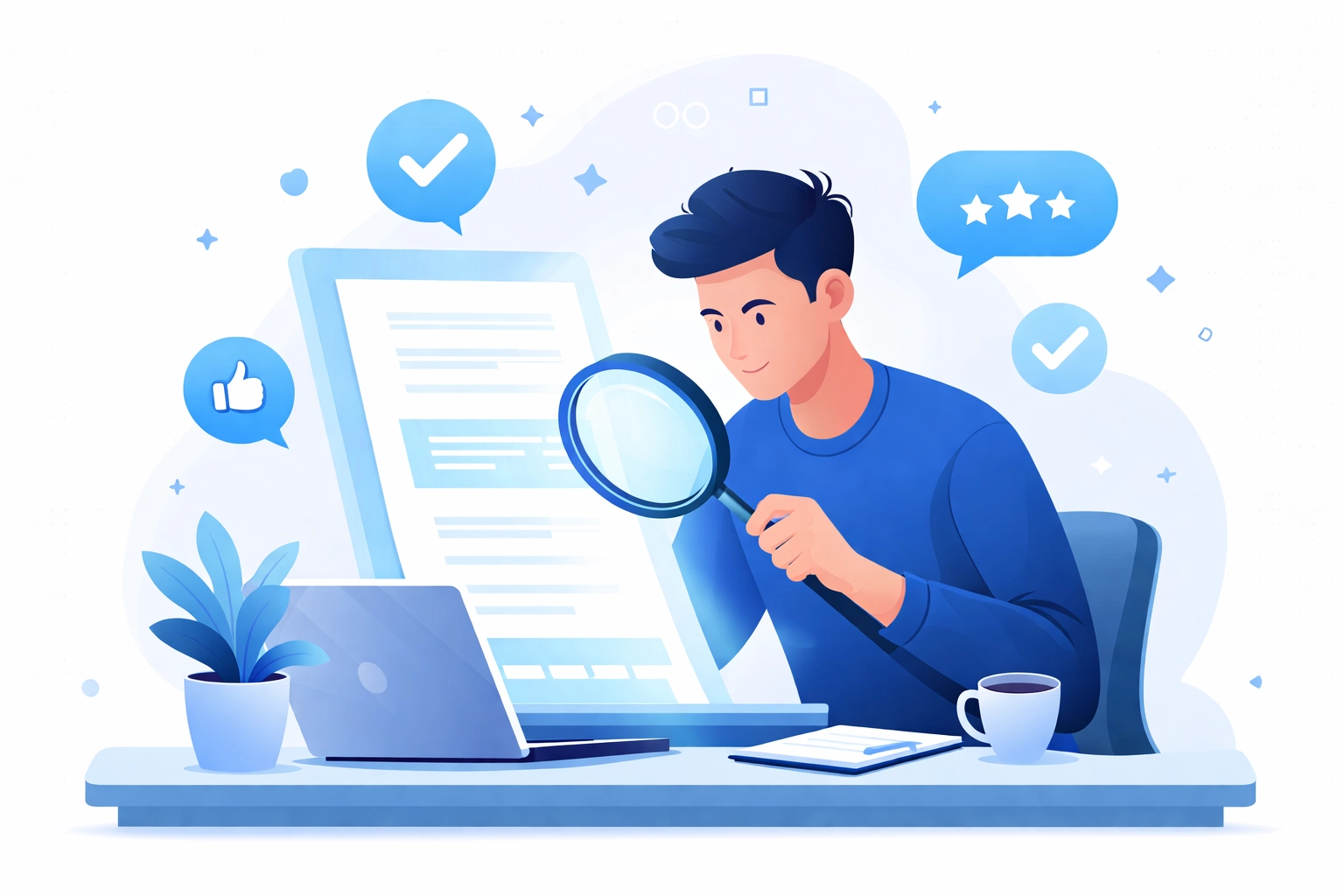 Illustration of a person examining content with a magnifying glass, highlighting quality and focused content strategy