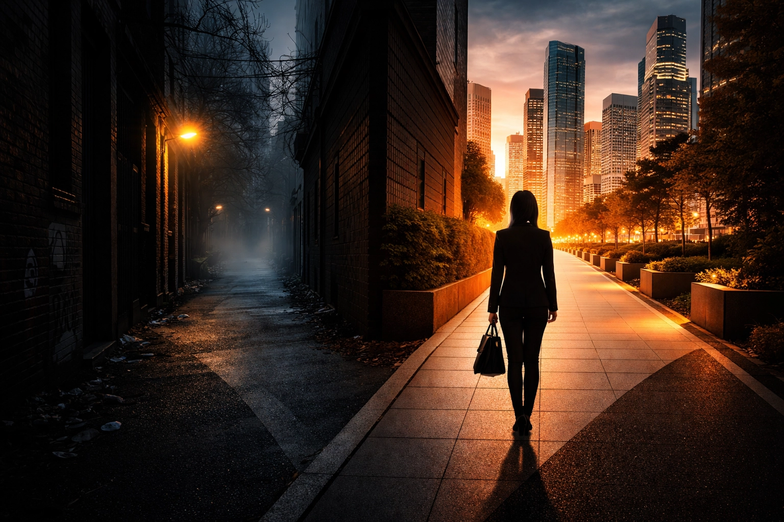 Businesswoman stands at crossroads of two urban paths, symbolizing career decisions post-divorce