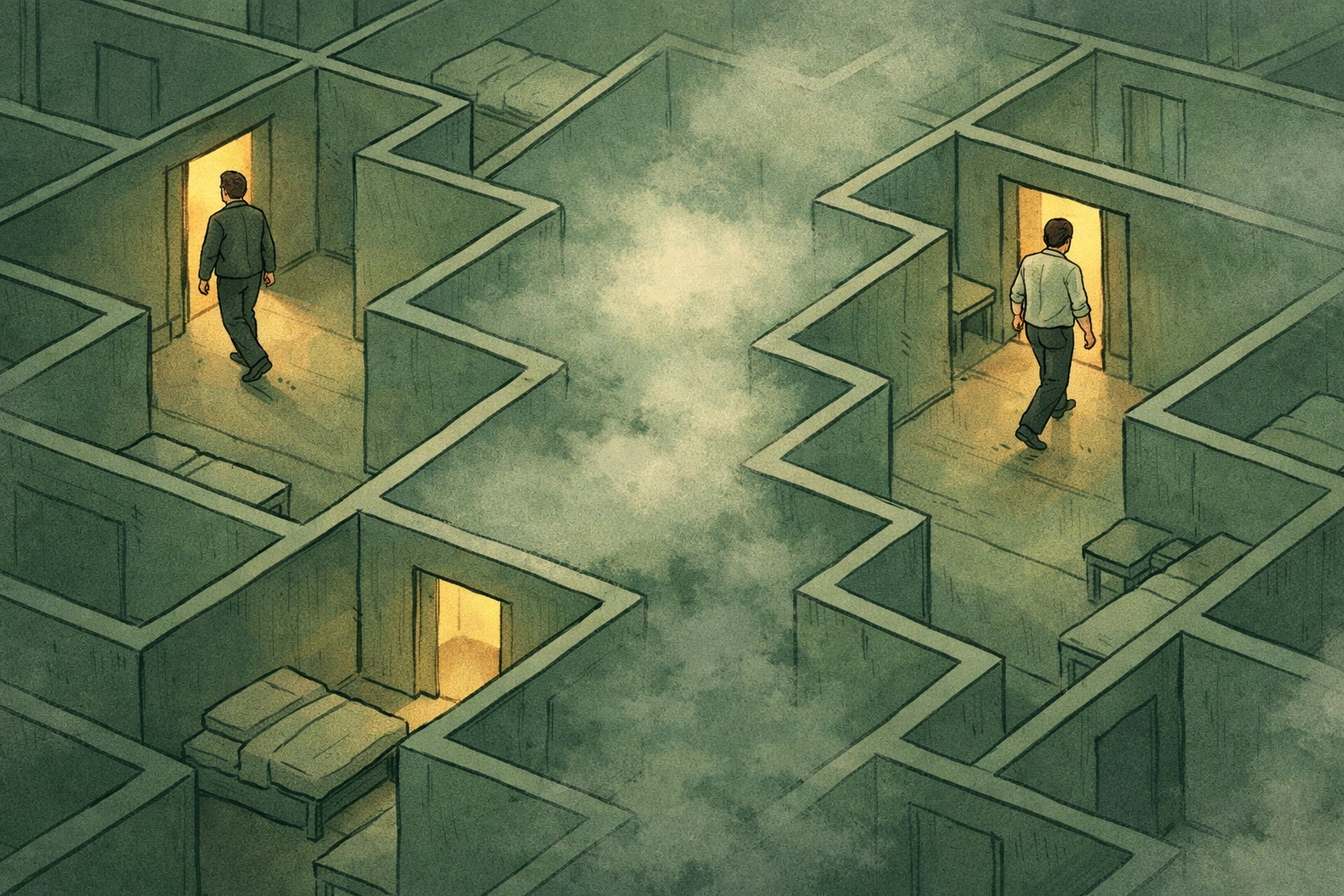 Gay sauna maze layout showing two men's paths intersecting