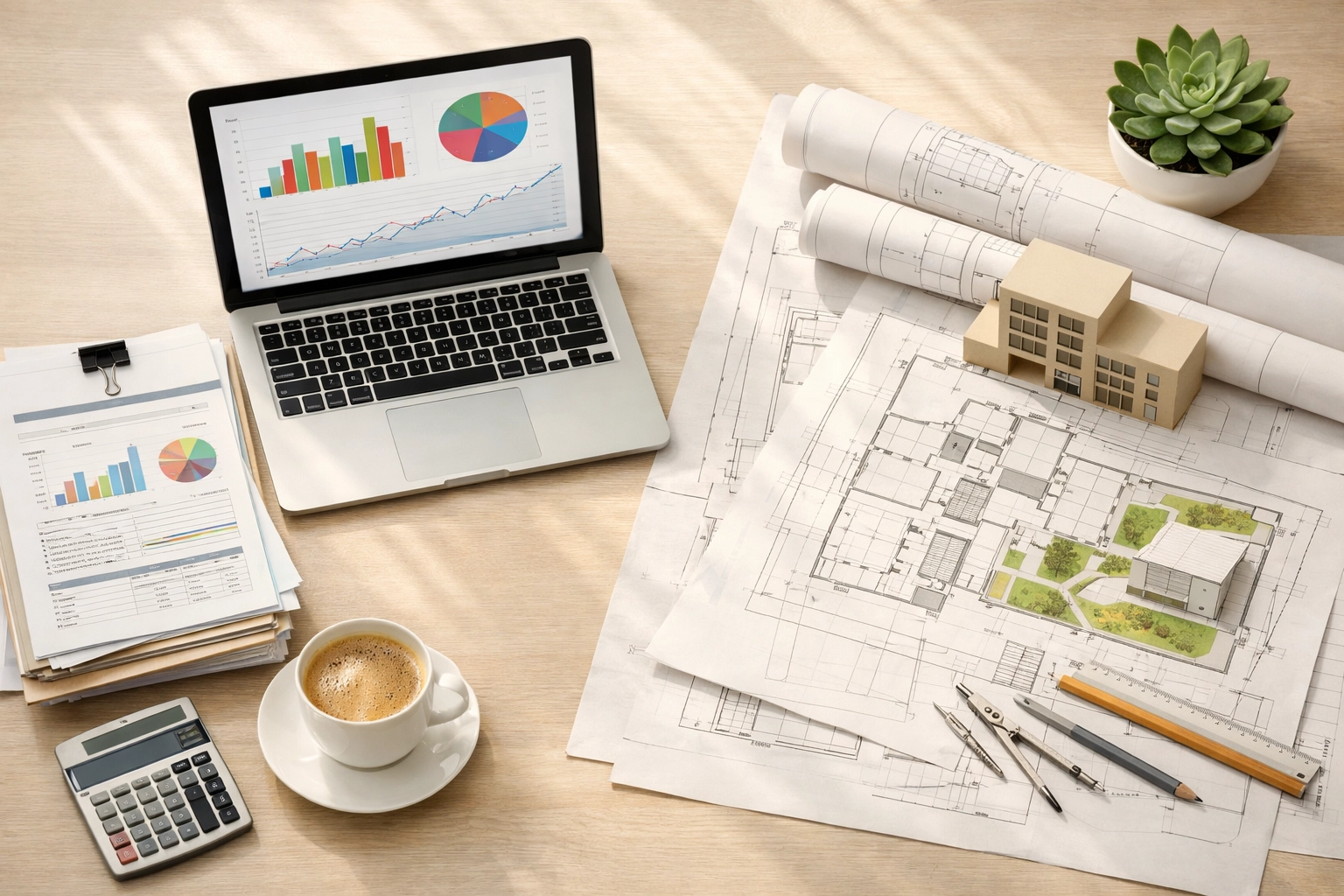 Strategic business planning workspace with financial documents and growth charts for bookkeeping