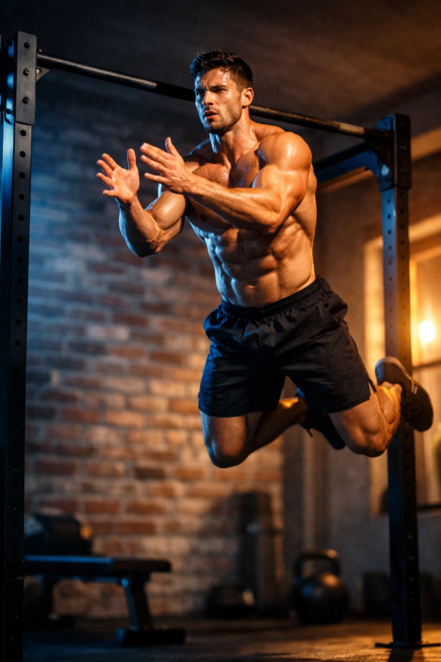 Athlete performing explosive clapping pull-up for ninja warrior bodyweight training at home