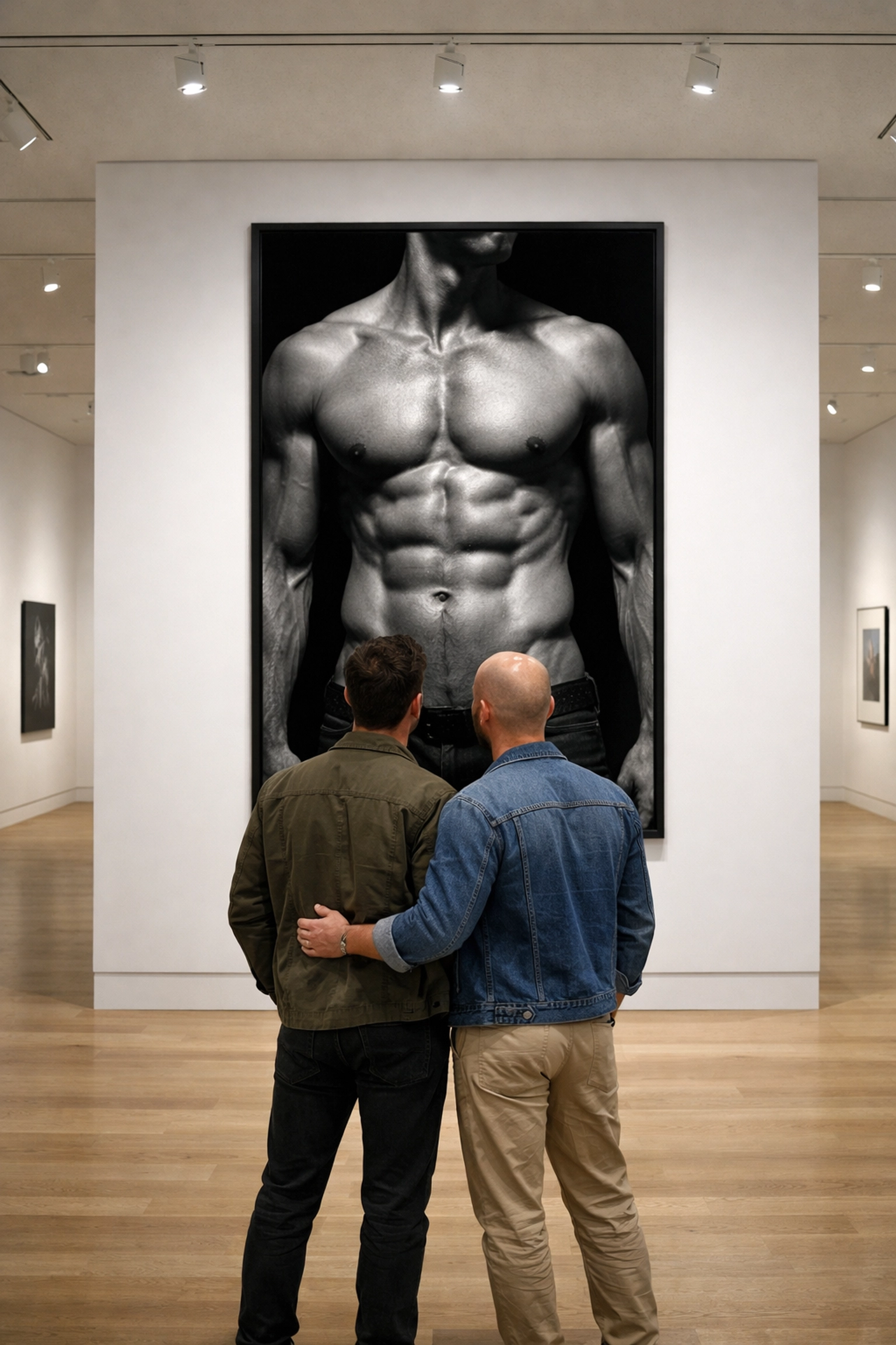 A gay couple admires a large high-contrast male torso photograph in a modern minimalist art gallery exhibition.