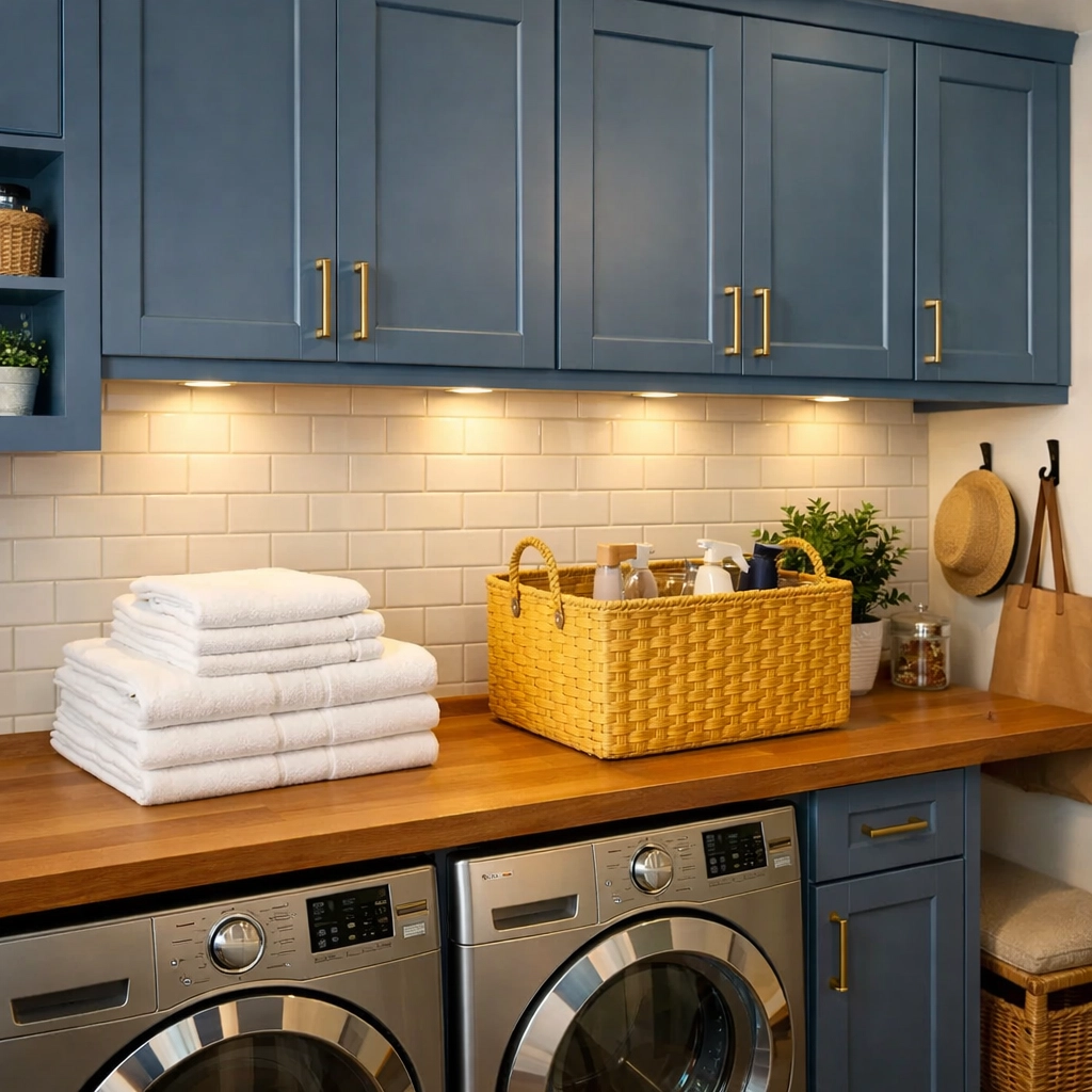 An organized laundry room reflecting a tidy home between weekly cleaning visits.