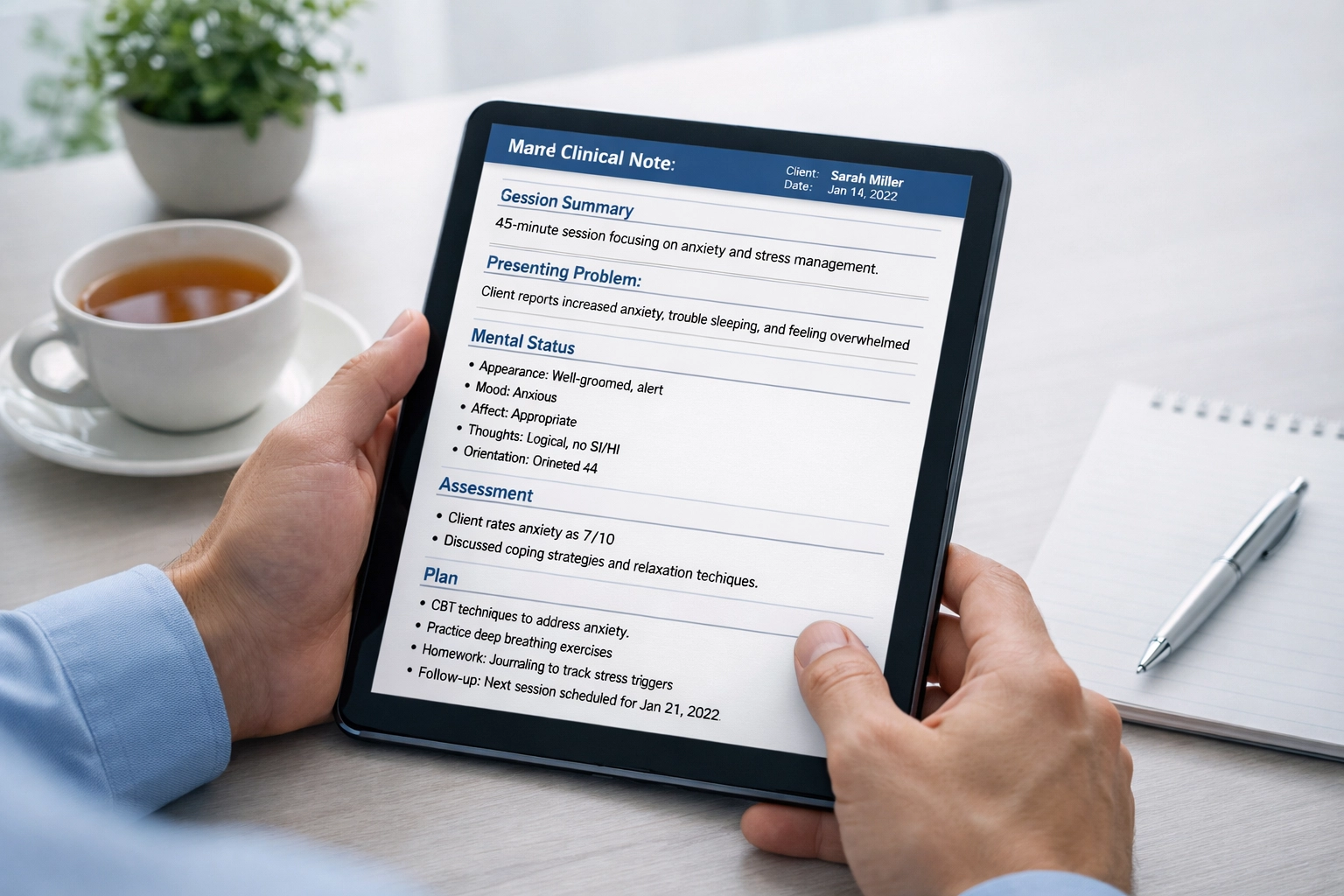 Mental health practitioner reviewing AI-generated clinical notes on tablet