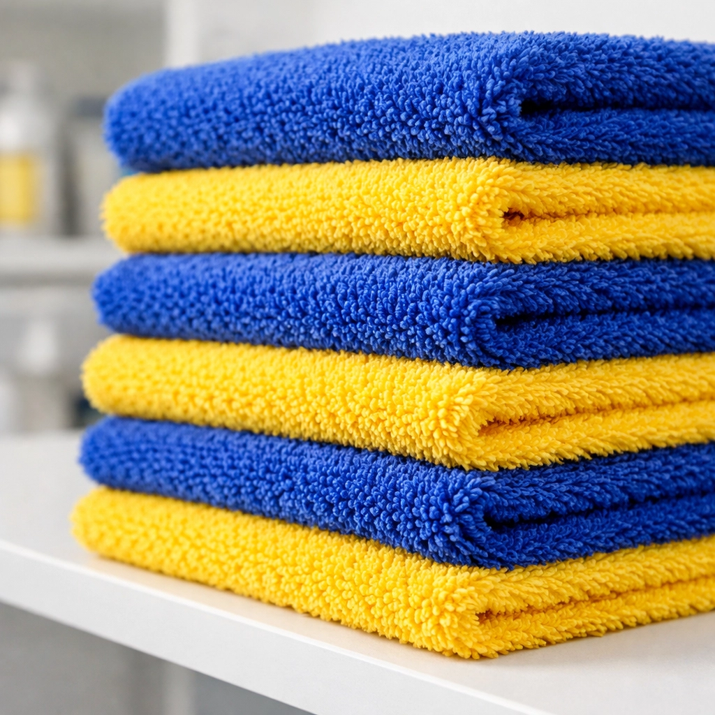 Stacked blue and yellow microfiber cloths used for professional house cleaning in Townsend MA.
