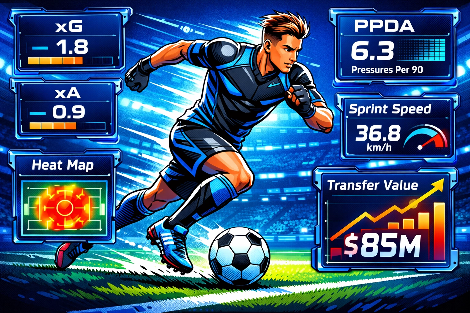 Football (soccer) player sprinting on-pitch through a high-tech interface overlay with football-specific stats (xG, xA, heatmap) representing RWA sports assets and liquid player tokens.