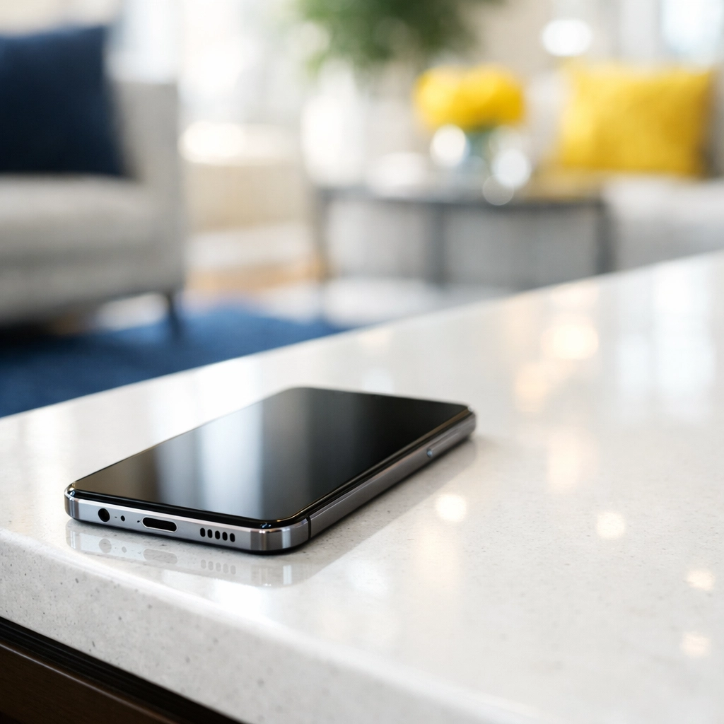 Easy online booking for maid services Lowell shown on a smartphone in a clean living room.