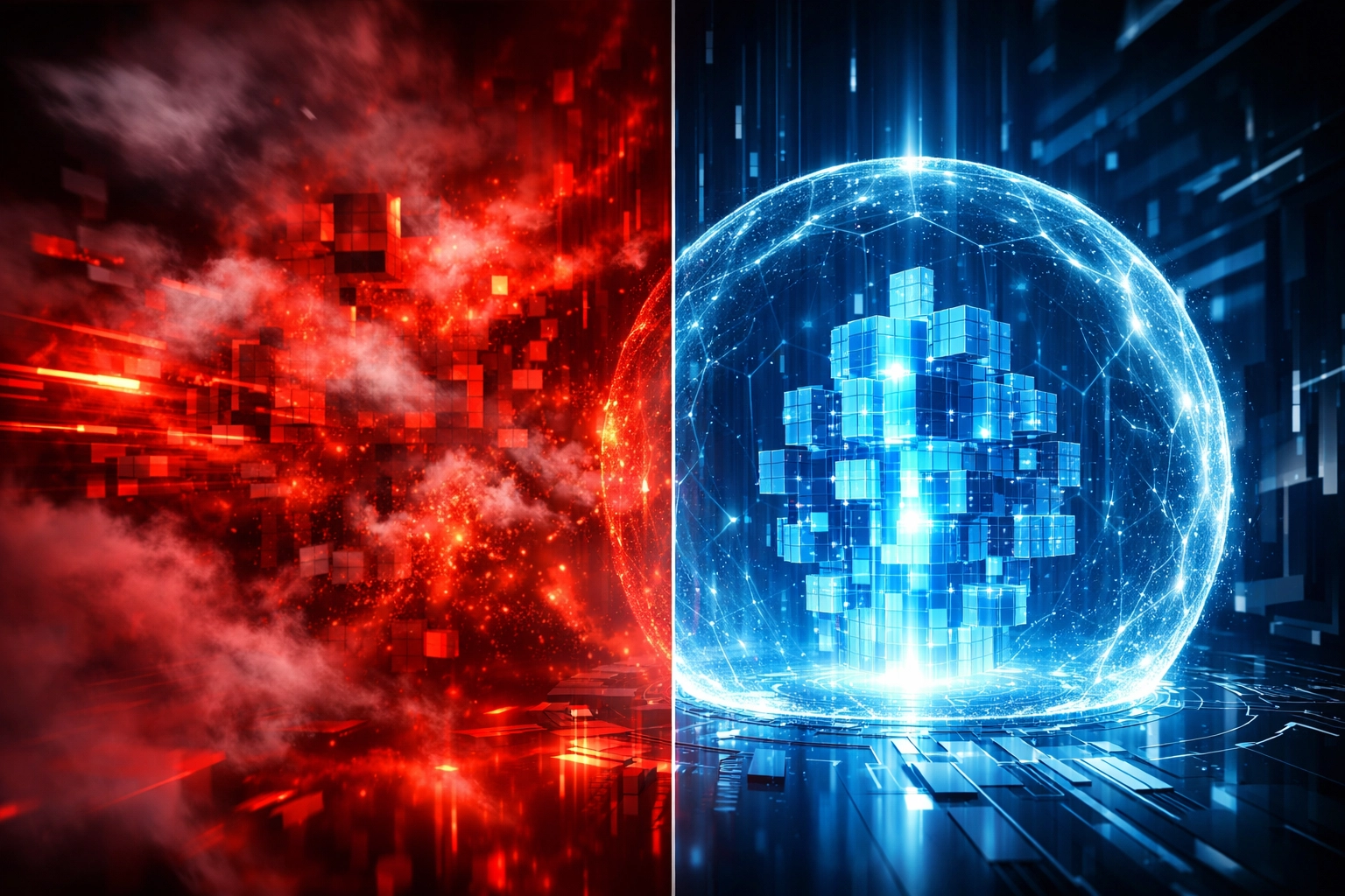 Visualisierung von KI-Sicherheit: Kontrast zwischen Datenchaos und geschützten Unternehmensdaten in RAG-Systemen.