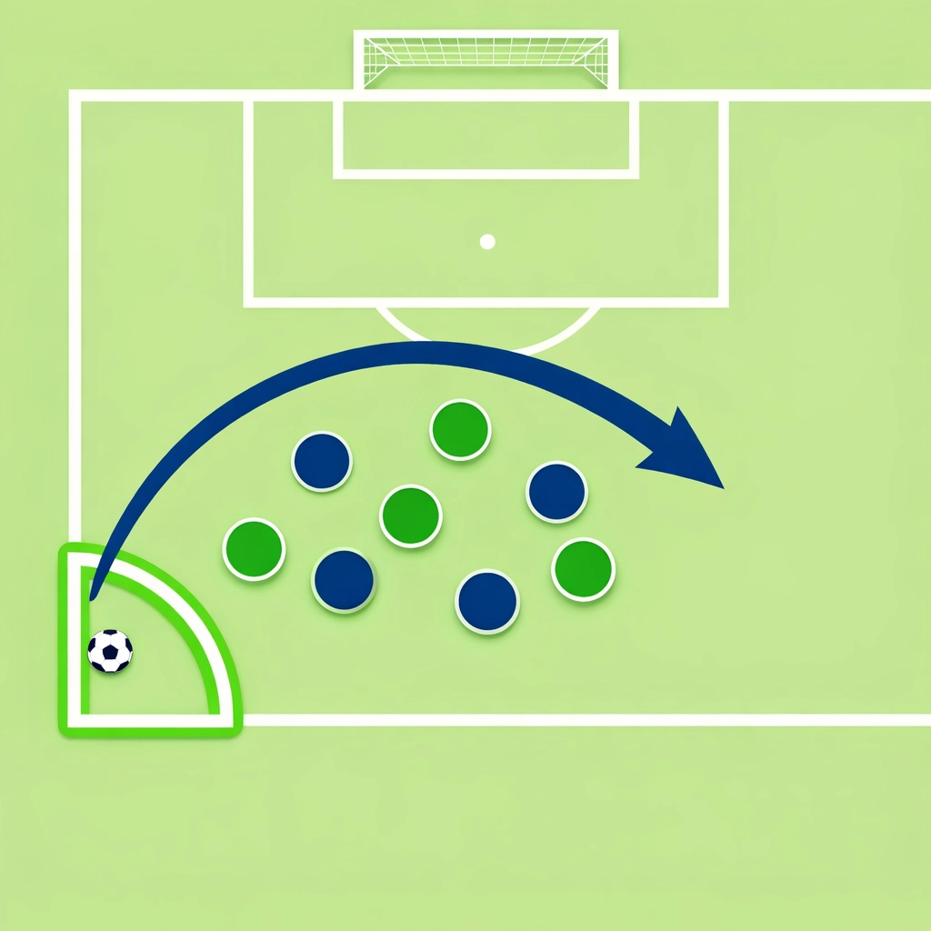 Tactical football pitch diagram illustrating a set-piece strategy for in-play trading.