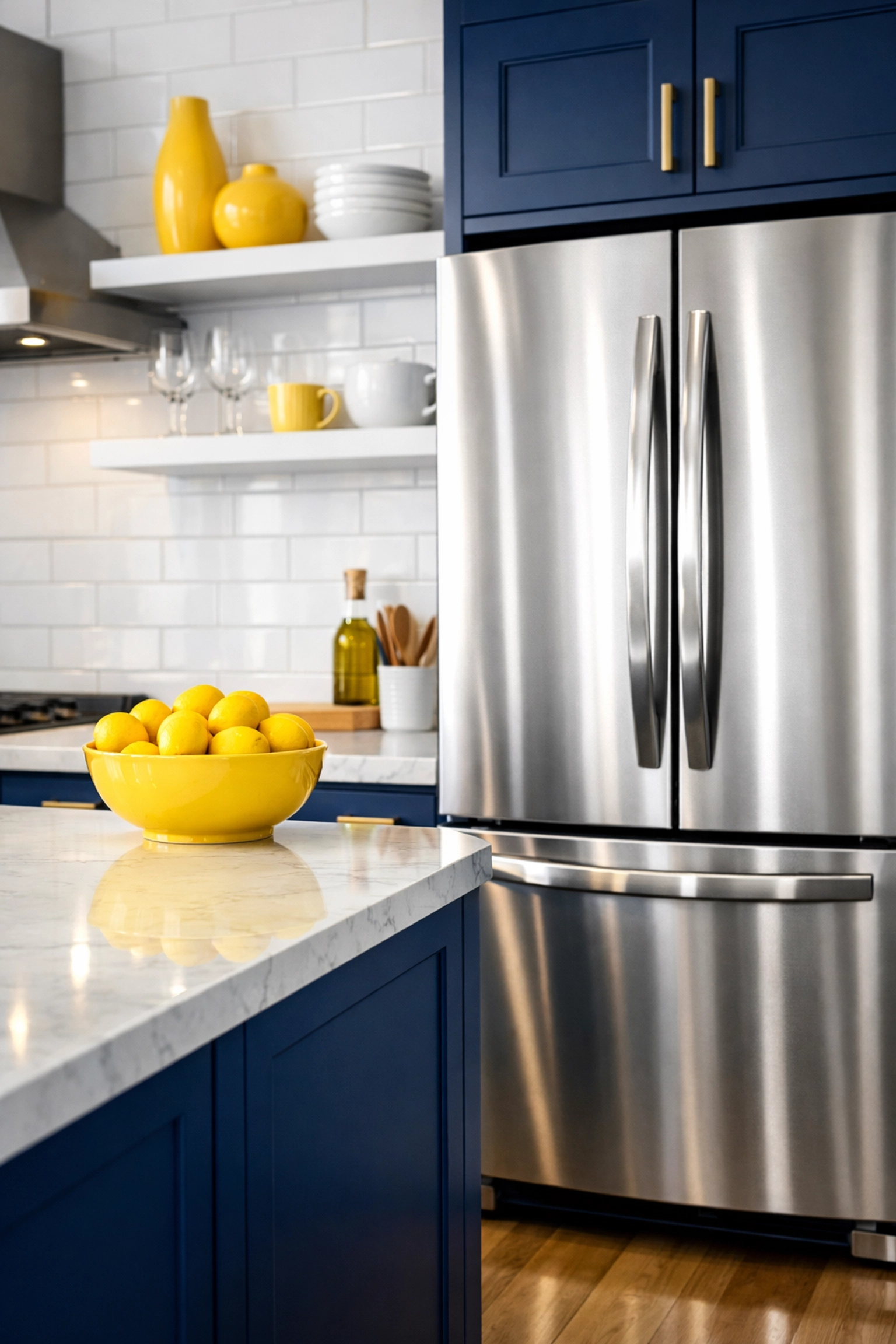 Spotless gourmet kitchen featuring deep cleaning MA results on marble countertops and navy blue cabinetry.