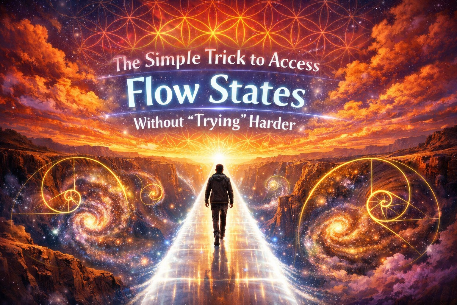 Visionary bridge over a cosmic canyon symbolizing presence and accessing the flow state of now.