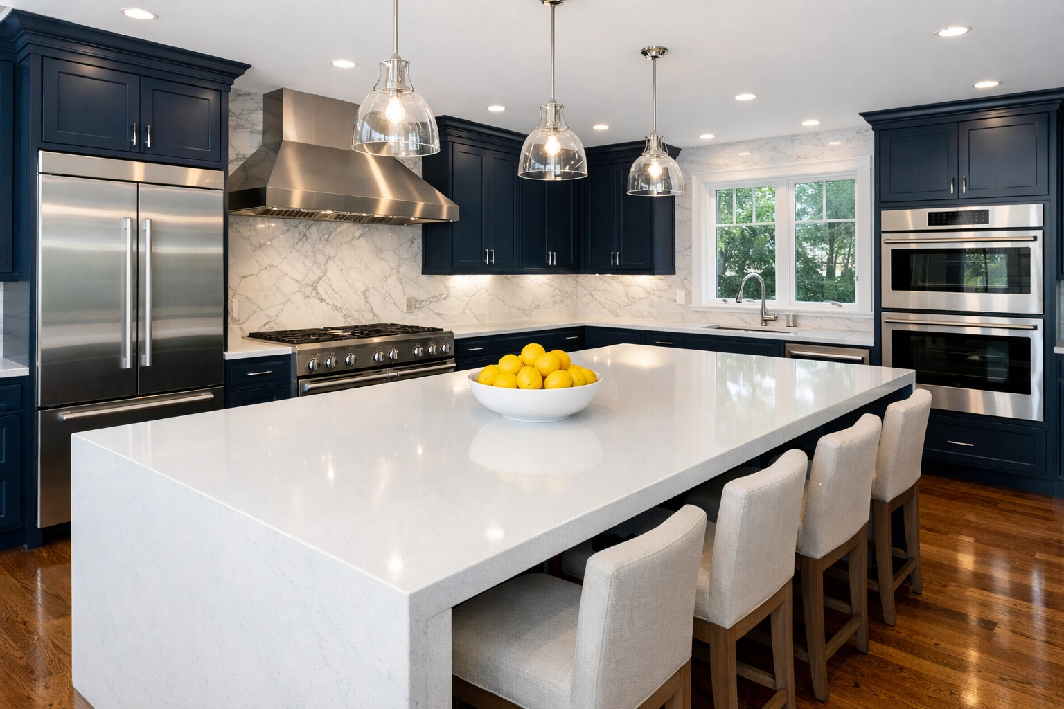 A sparkling, deep-cleaned designer kitchen highlighting expert luxury house cleaning in Needham.