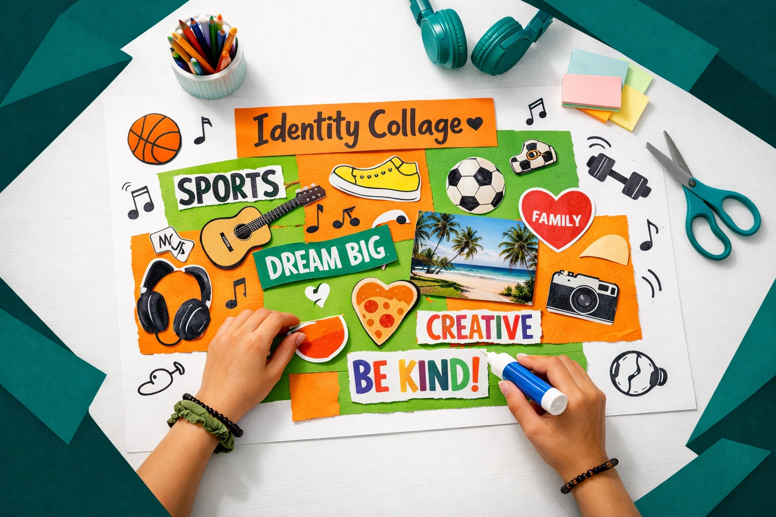 A teenager creating a colorful identity collage to boost self-awareness and self-discovery.
