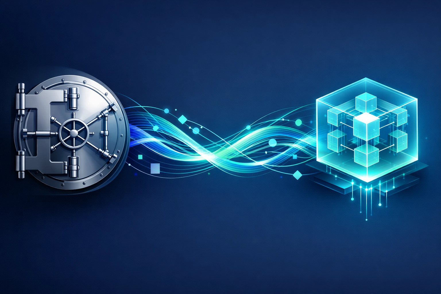 Bridge connecting traditional banking rails to blockchain nodes for stablecoin liquidity and settlement.