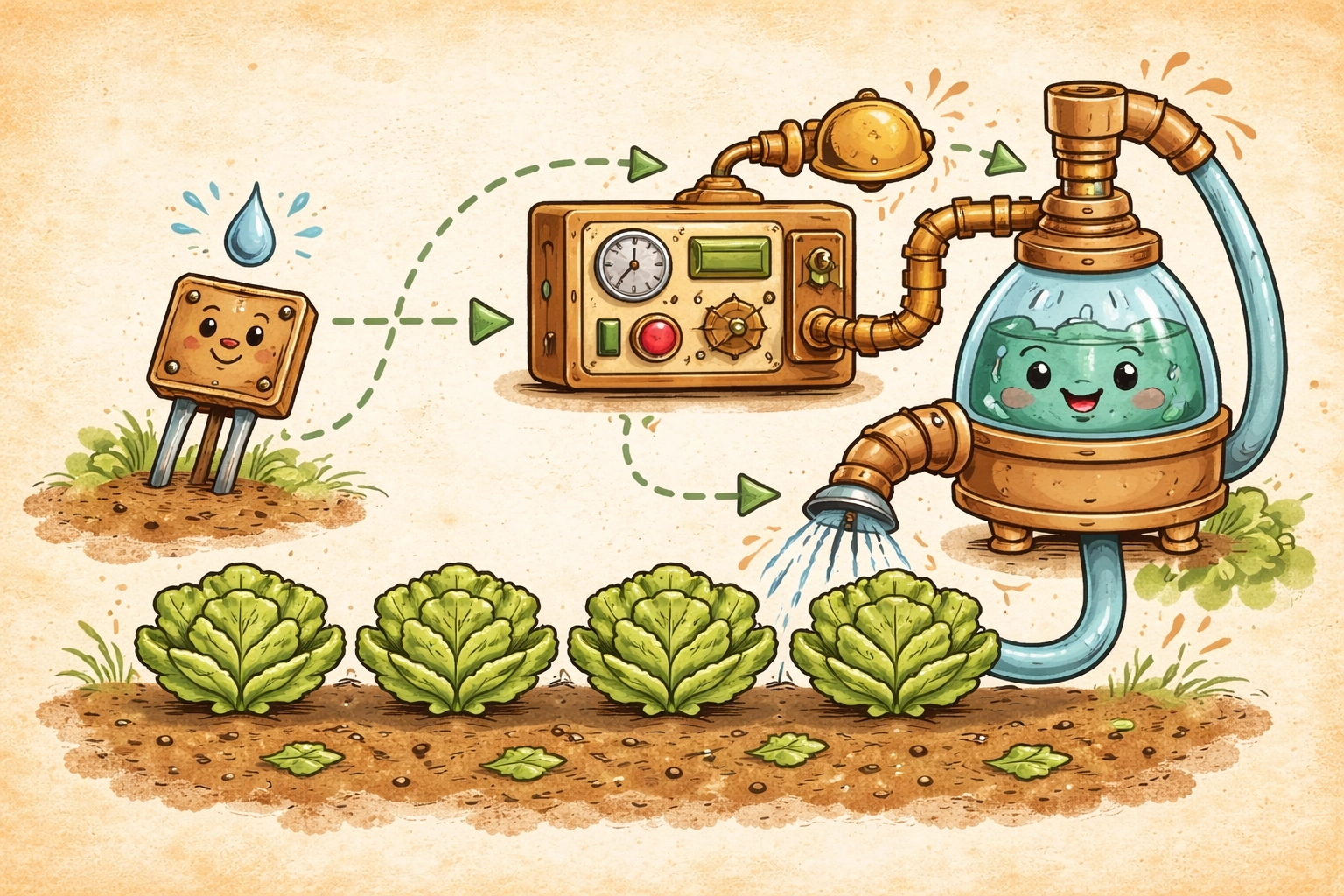 Storybook diagram of a smart garden system using a moisture sensor, relay, and pump to water cartoon lettuce plants