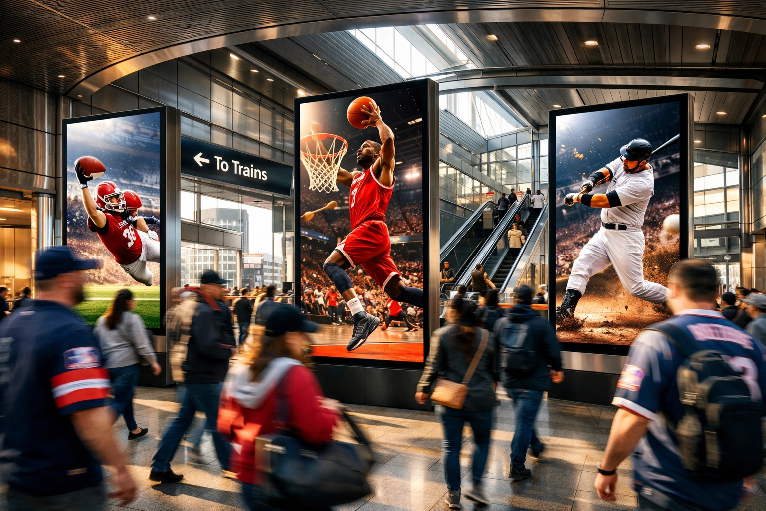 Digital-out-of-home screens in a busy transit hub showing sports ads to fans during pre-game build-up.