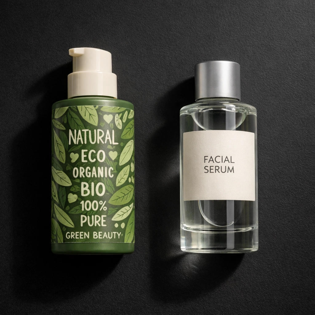 Comparison of greenwashed natural skincare vs authentic clean beauty product in glass bottle