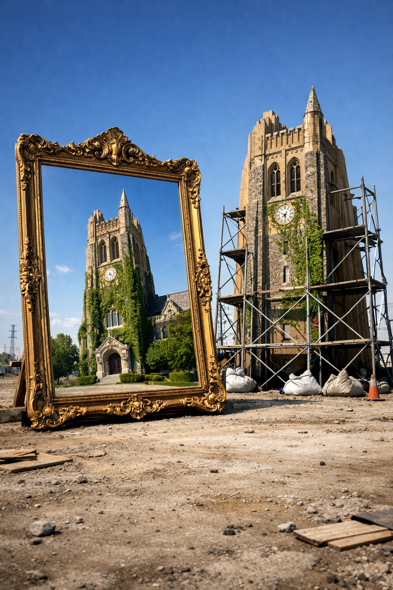 A mirror reflecting a prestigious university tower over a fake plywood cutout, symbolizing deceptive branding.