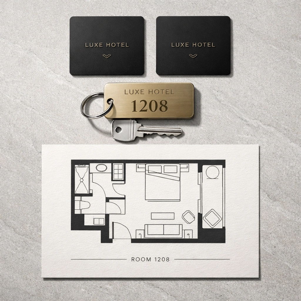 Top-down view of hotel keys and floor plans for organized PMS configuration.