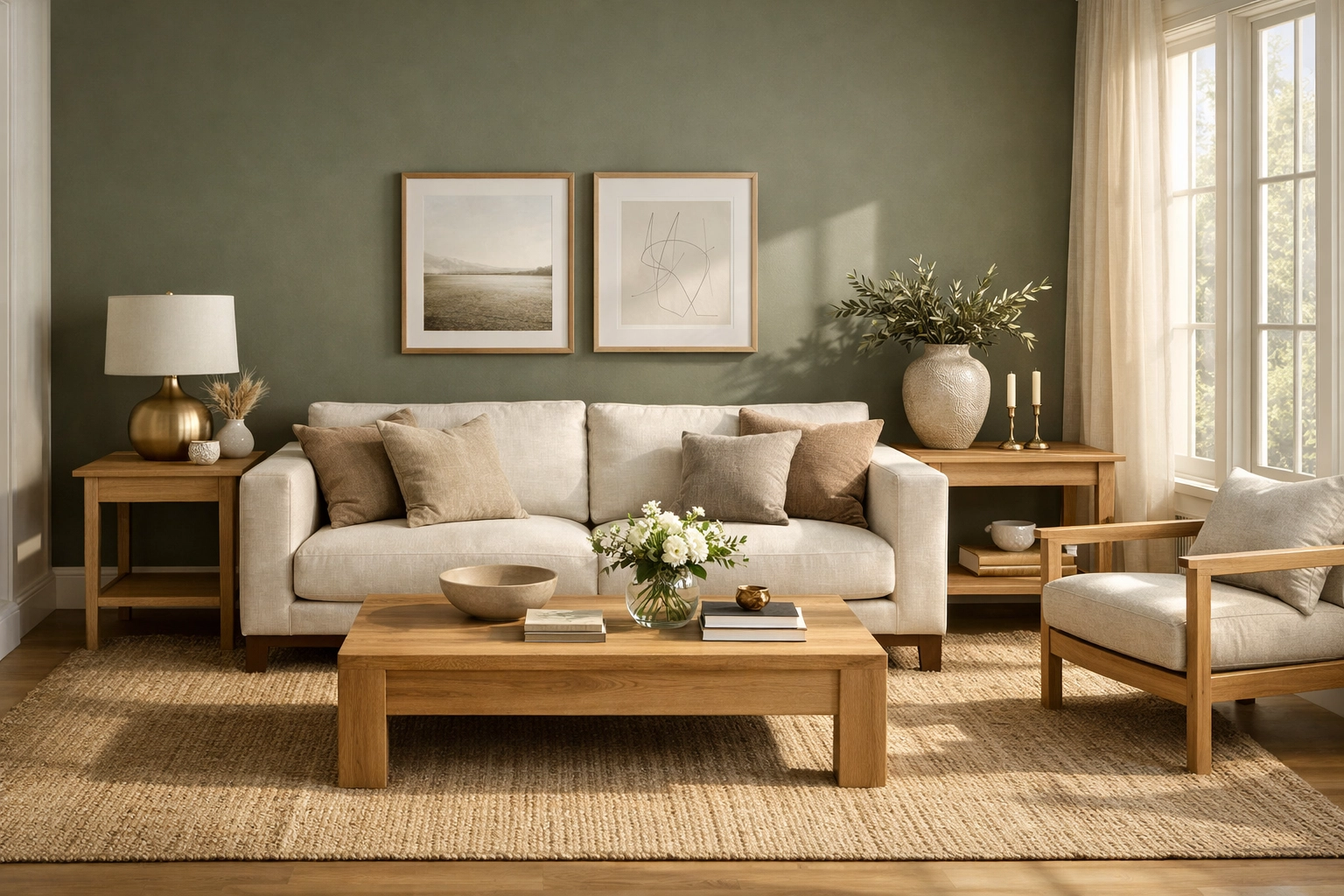 Modern home remodeling Orlando living room with sophisticated olive green walls and earthy tones.