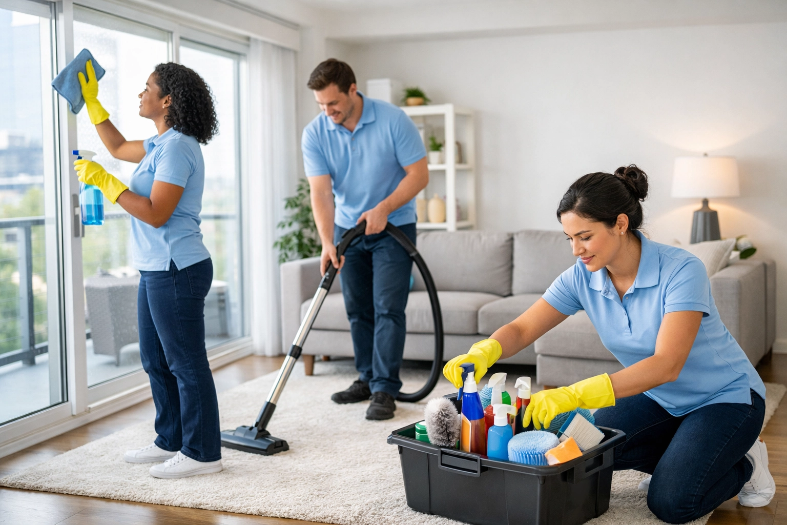 Professional cleaning crew performing apartment turnover and make-ready cleaning