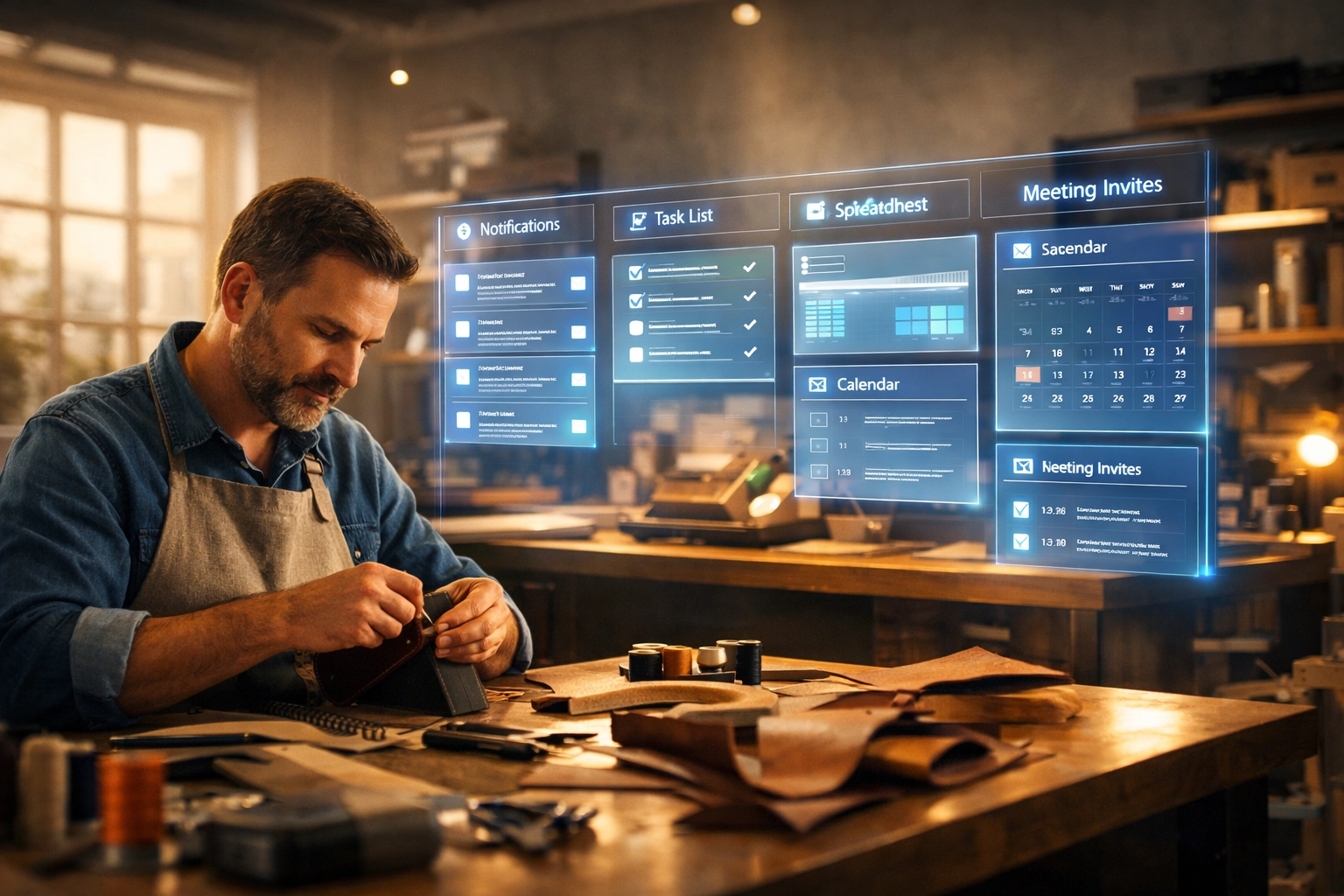 Business owner focusing on creative tasks while a custom AI agent manages digital workflows.