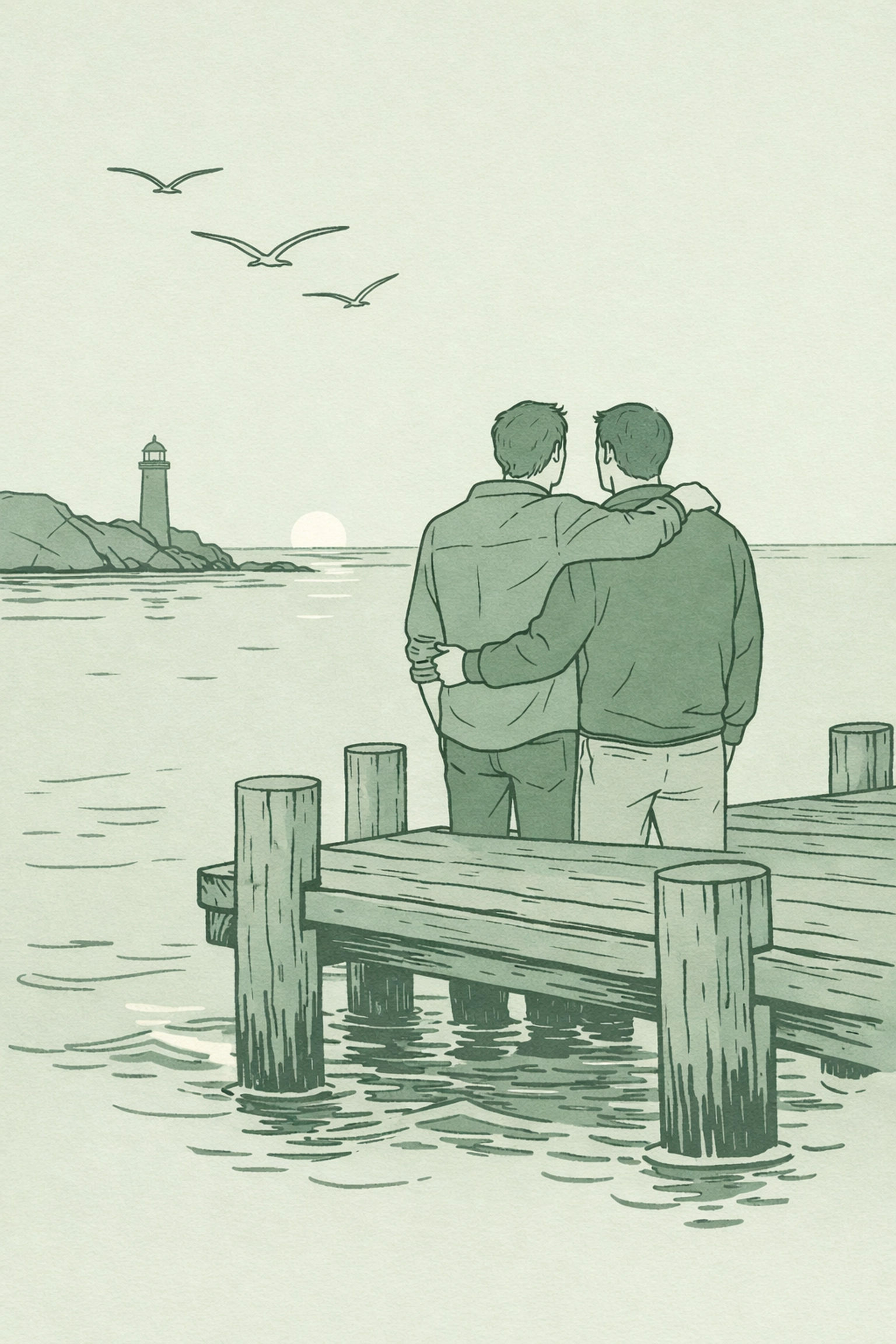 Gay couple on coastal pier at sunset - queer refuge and hidden history
